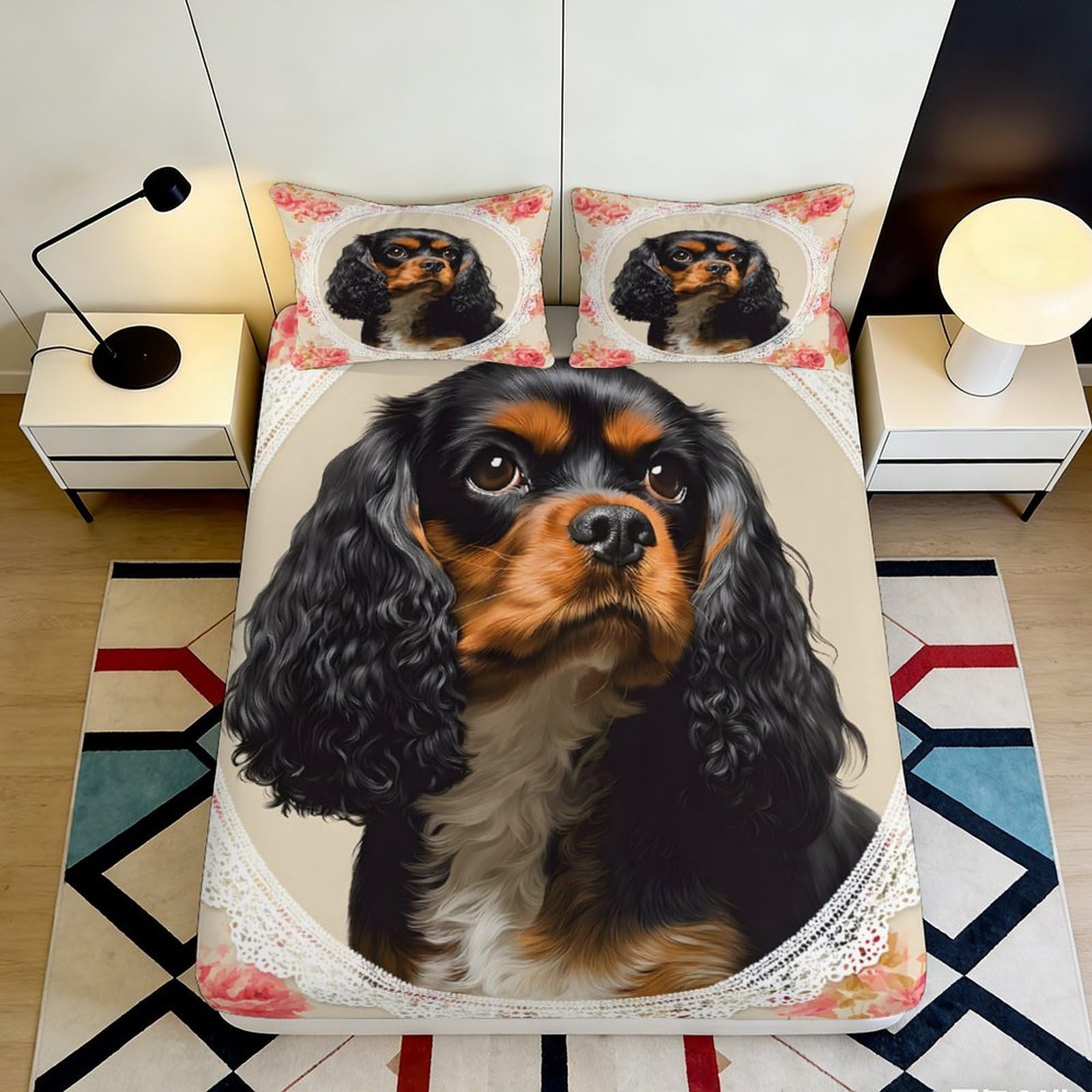 Qjzxknhpgr Style-9 3D Printed Cavalier King Charles Spaniel Fitted Sheet Microfiber Soft Dog Pattern Bed Cover For Bedroom Guest Room Decor 90X200x25cm