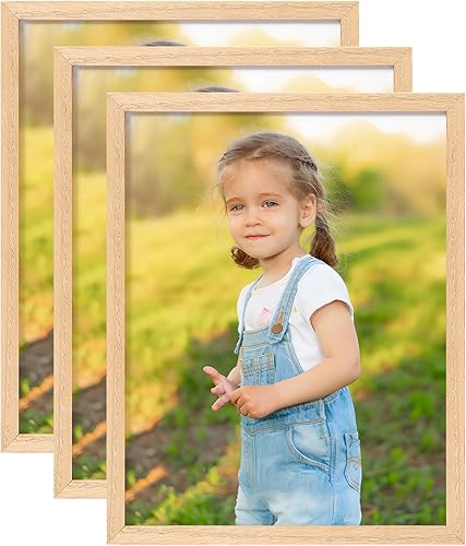 ATOBART Marco de fotos de madera natural de roble de 8 x 10 pulgadas, paquete de 3 marcos de fotos de cristal real para colgar en la pared y la mesa