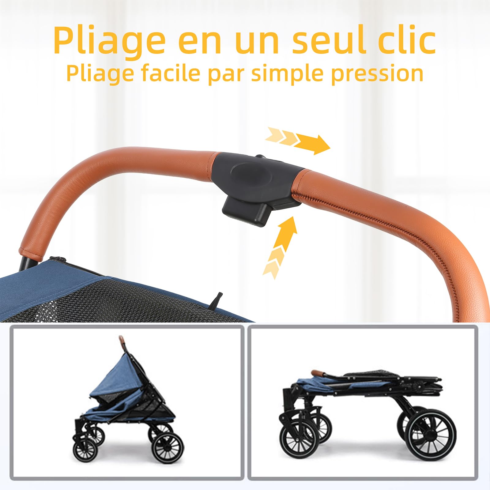 OHMG Grande Poussette chien chat,buggy,poussette pour chien 4 roues en EVA chariot pour chat pliage en un clic, laisse de sécurité, charge 45 kg,avec fenêtre en filet,Ceintures de sécurité