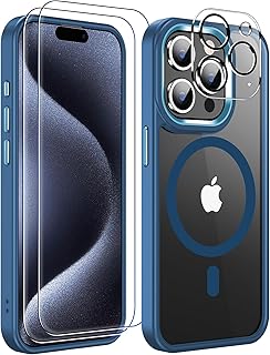 MOZOTER 6-in-1 Magnetic for iPhone 15 Pro Case,[Compatible with Magsafe] [Anti Yellowing] [Screen Protectors+Camera Lens Protectors] Slim Thin Shockproof Phone Case for 15 Pro 6.1 inch-Clear/Purple