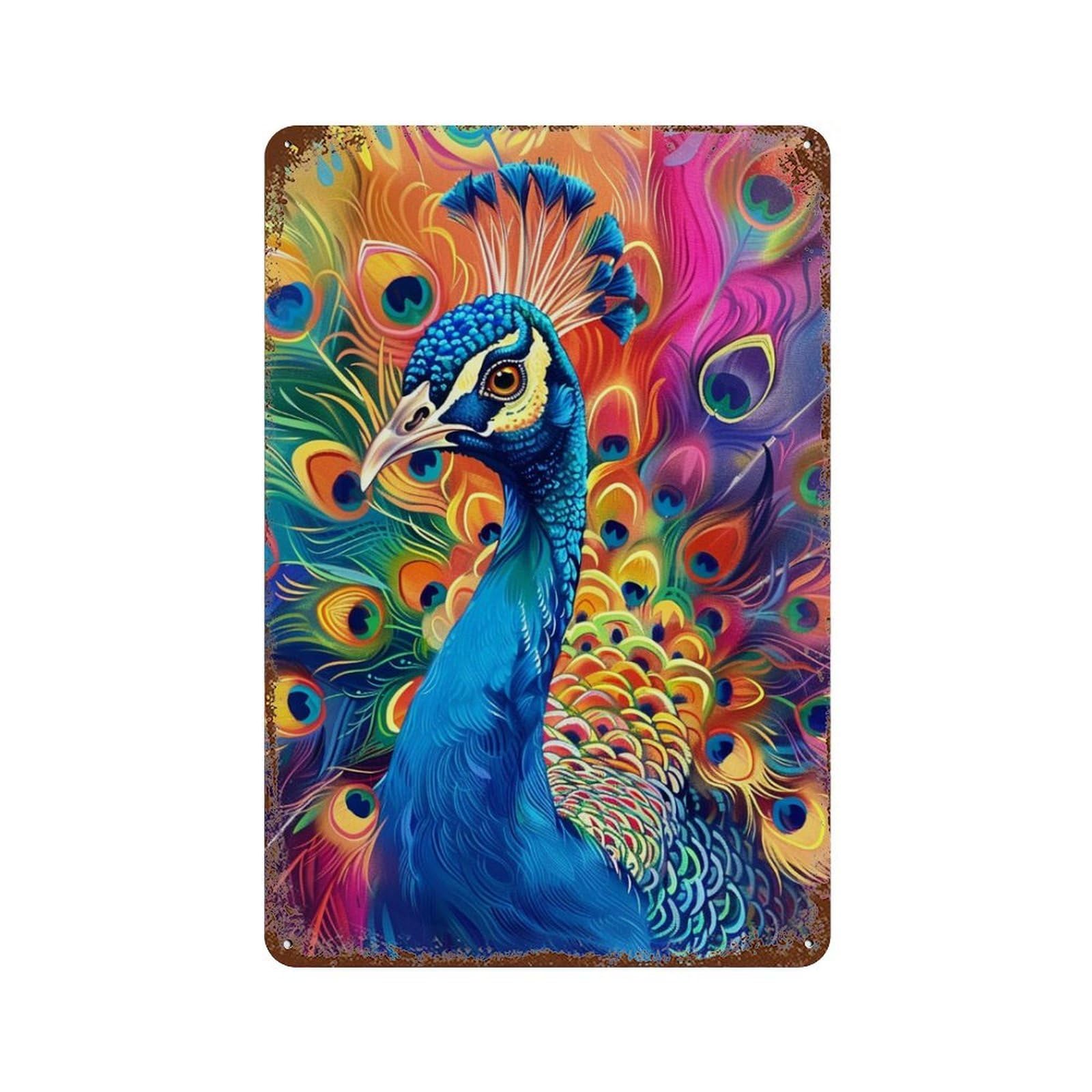 Colorful Peacock Art Print Distressed Metal Wall Sign 11.8"x7.9", Shabby Chic Decor for Garage, Pub Or Kitchen
