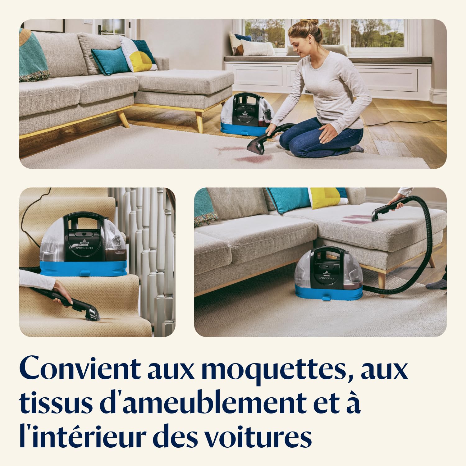 BISSELL SpotClean C3 - Aspirateur Laveur - Shampouineuse - Nettoyeur Portable Tapis, Voiture et Tissus d'Ameublement - Vaporiser, Brosser et Aspirer - Nettoyeur Détacheur Tapisserie - 340 W - 3619N