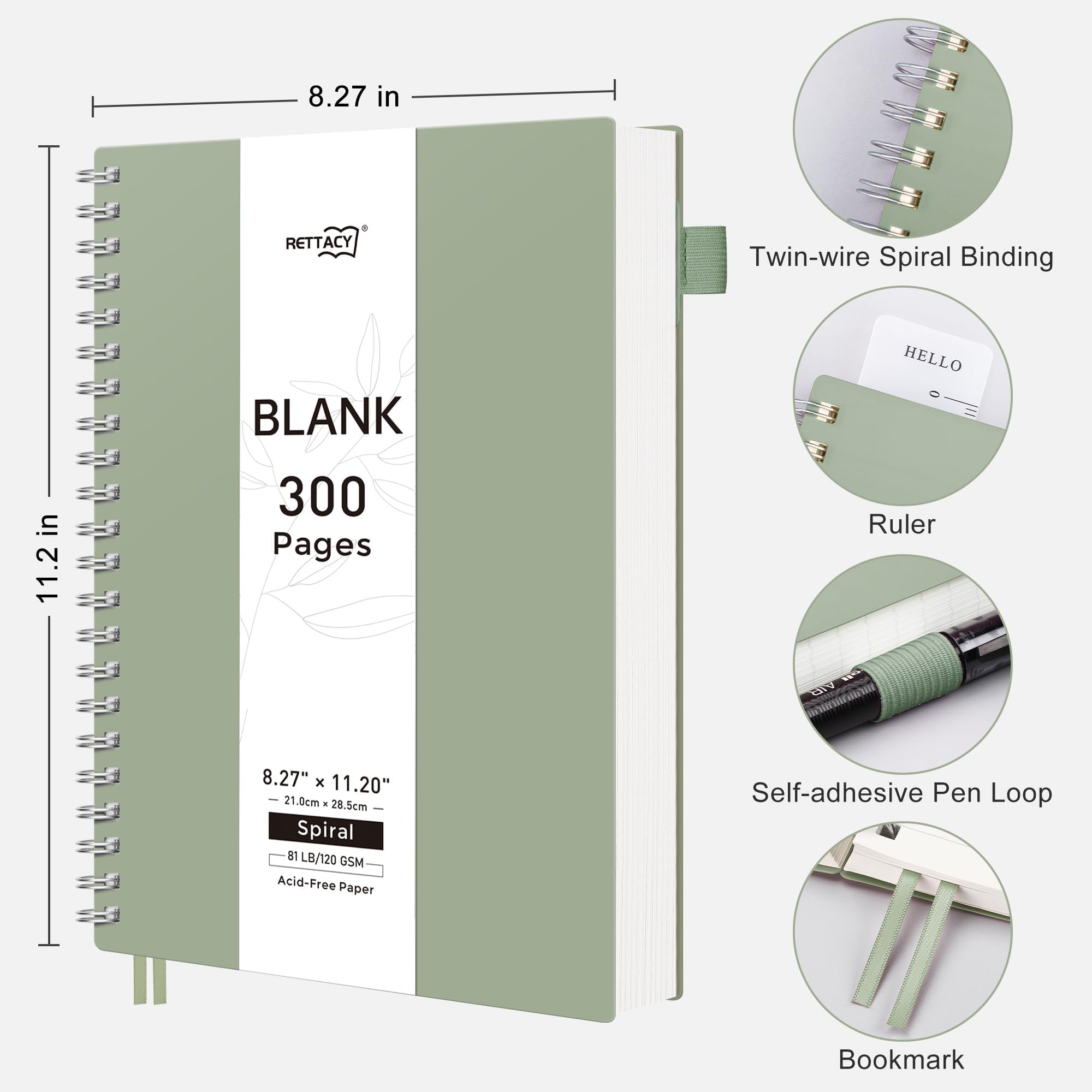 RETTACY Carnet de notes vierge, 300 pages, grand format A4 (20,8 x 28,4 cm), papier épais de 120 g/m², couverture en plastique souple, reliure à spirales, pour croquis, dessin, peinture (vert clair)