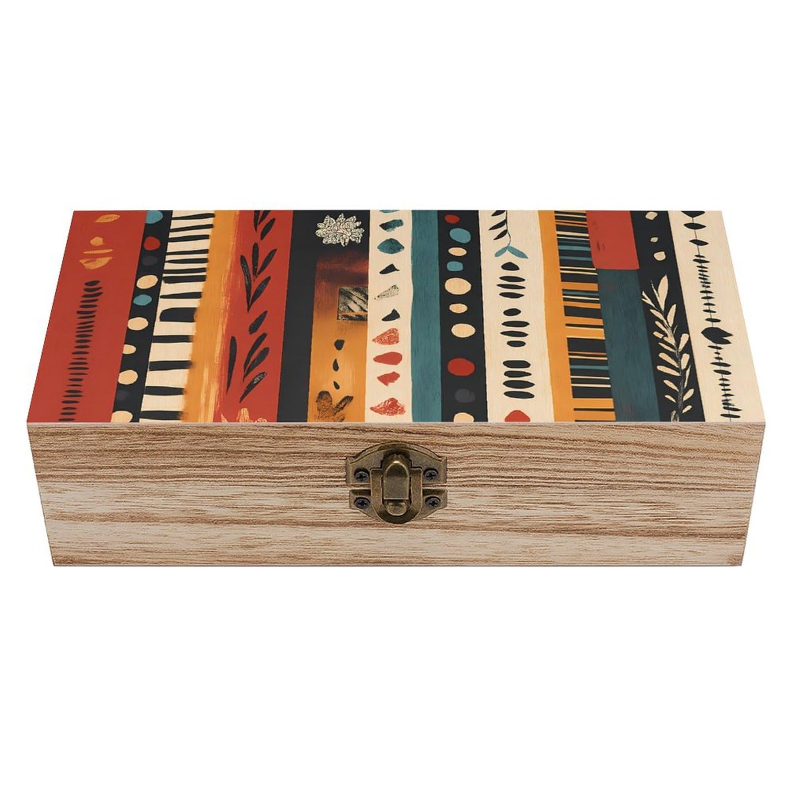 HLBSDM Trobal Ethnic Pattern Stripes Retro Wooden Storage Box Jewelry Art Gift Boxs Decorative Keepsake Boxes