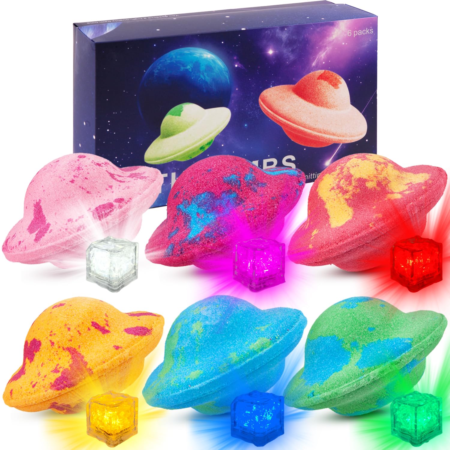 Light Up Bath Bombs with Surprise Inside 6 Set 4 Ounce Romantic Saturn Natural Organic Saturn Bubble Bath Shower Bomb for Women Handmade Bubble Relaxing Spa Gift Bath Skin