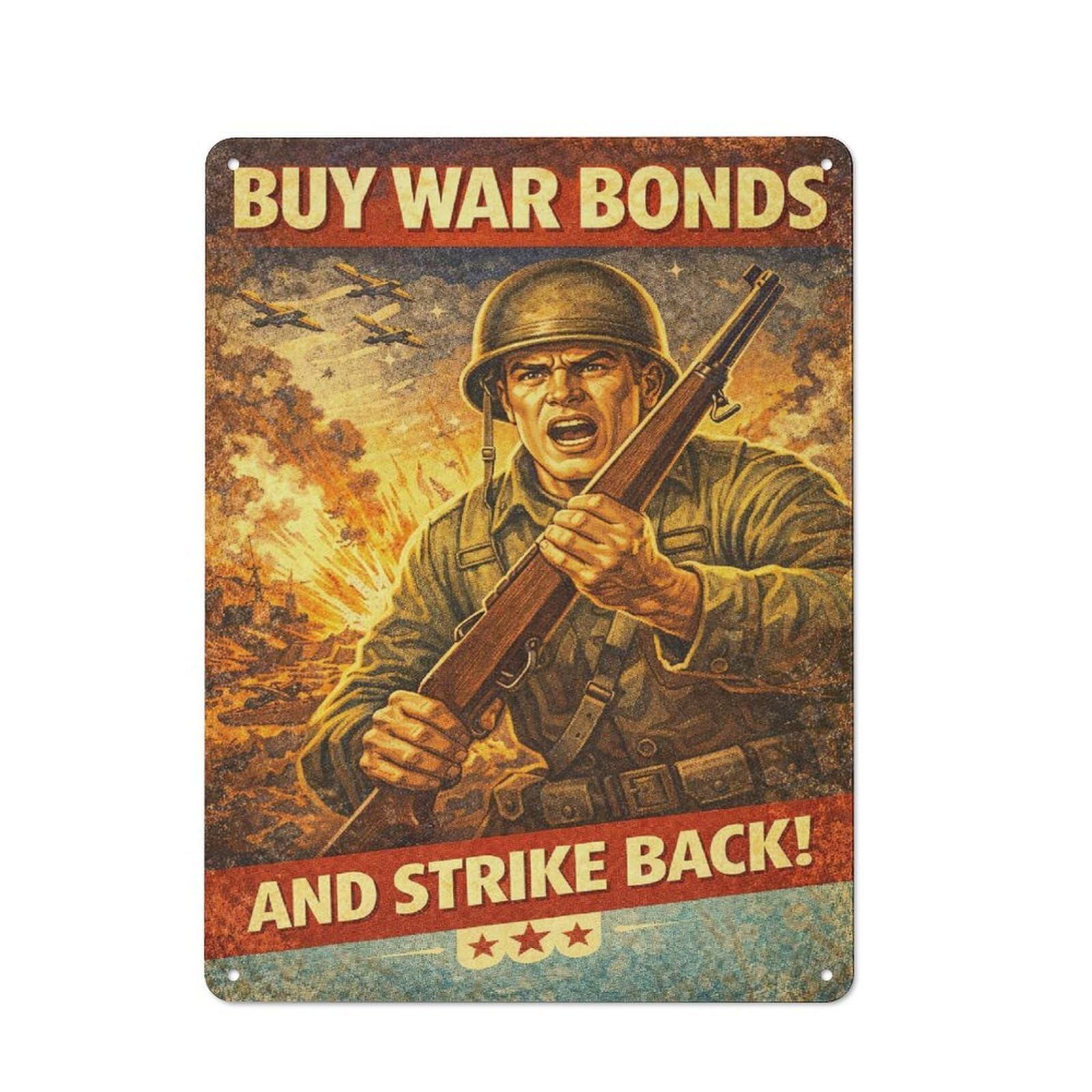 Junmoney Style-3 Tin Wall Plaque 40X30cm With Buy War Bonds And Strike Back For Guest Room Or Hallway, A Decorative Christmas Gift For Home Decor Collectors