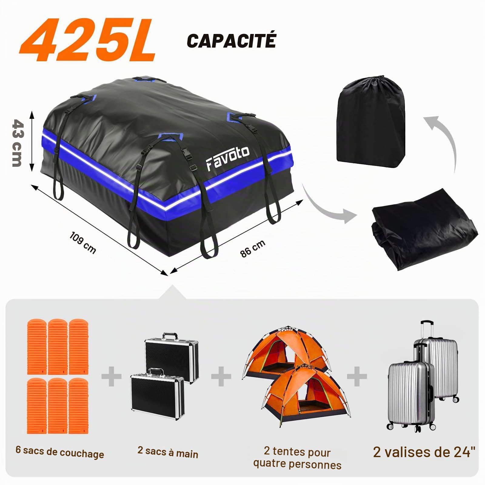 Favoto Coffre de Toit Voiture Imperméable - Sac de Toit Porte-Bagages 425L Pliable avec Tapis Antidérapant Crochet de Porte et Sangles de Renfort pour Le Transport des Bagages Bleu