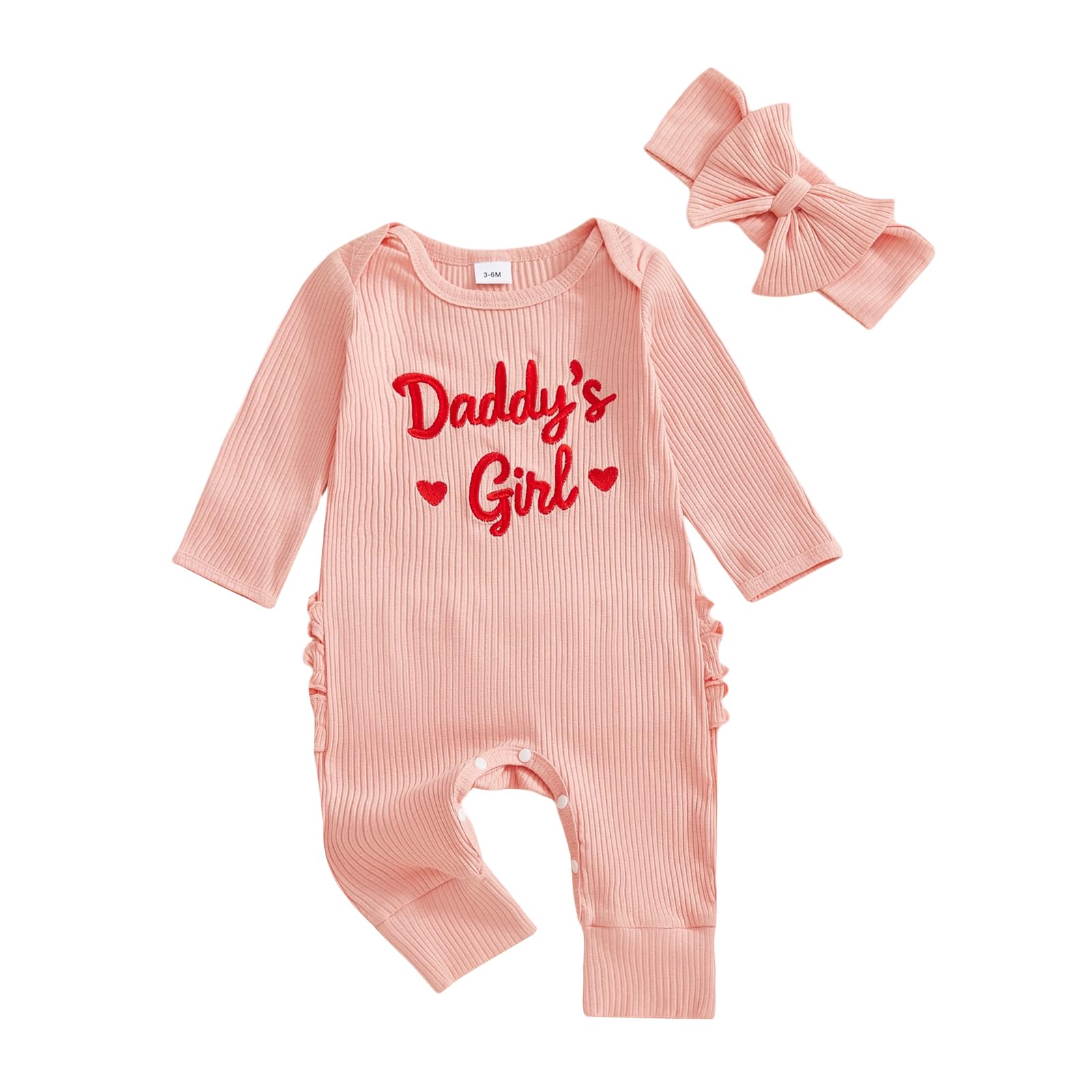 Lamuusaa Newborn Baby Girl Clothes Daddys Girl Embroidery Romper Ruffle Bodysuit Jumpsuit Headband Valentines Day Outfit