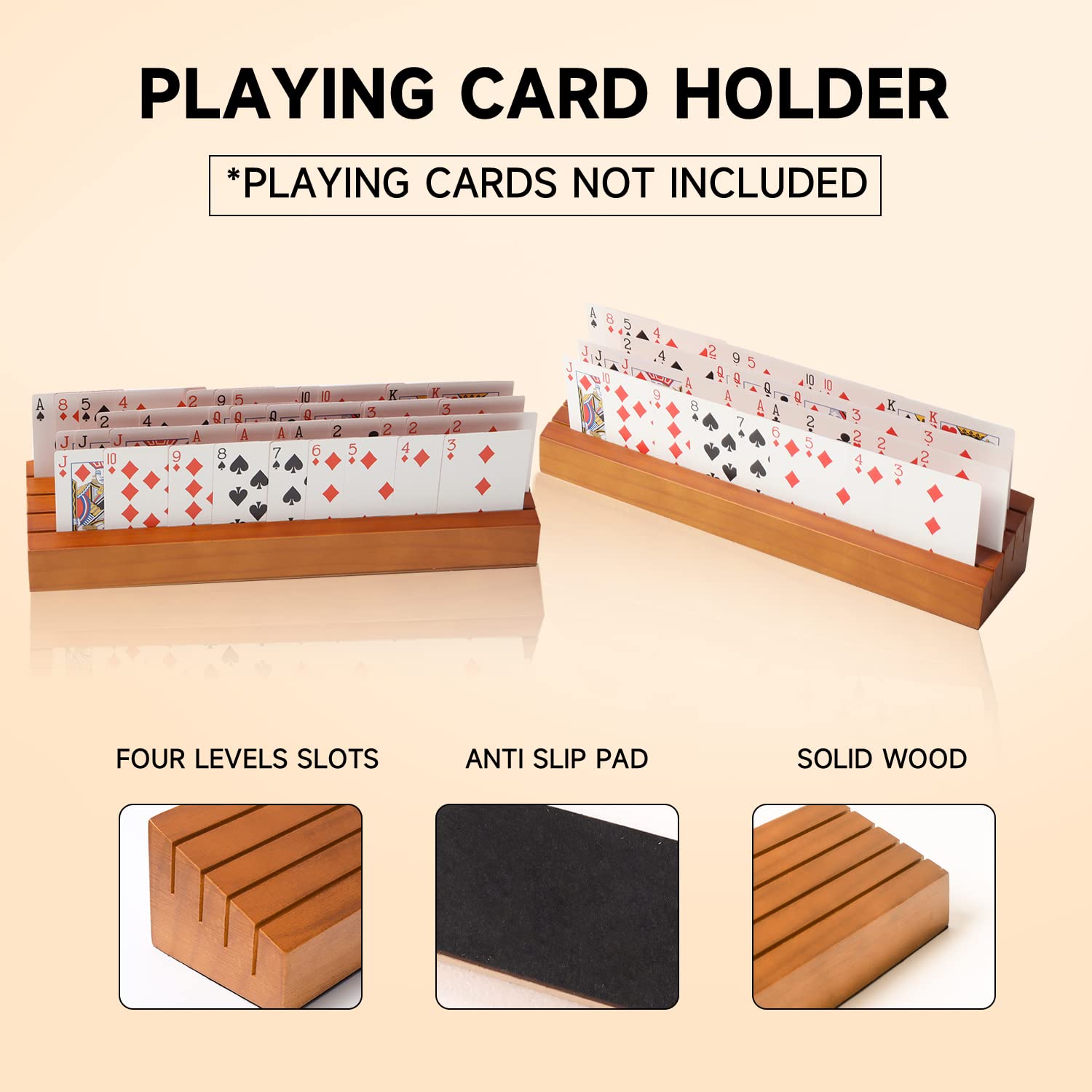 GSE Games & Sports Expert Wooden Playing Card Holders Tray Racks Organizer Set for Seniors Adults, Card Tray Racks for Bridge Canasta UNO Card Playing (14-Inch, 4-Pack)