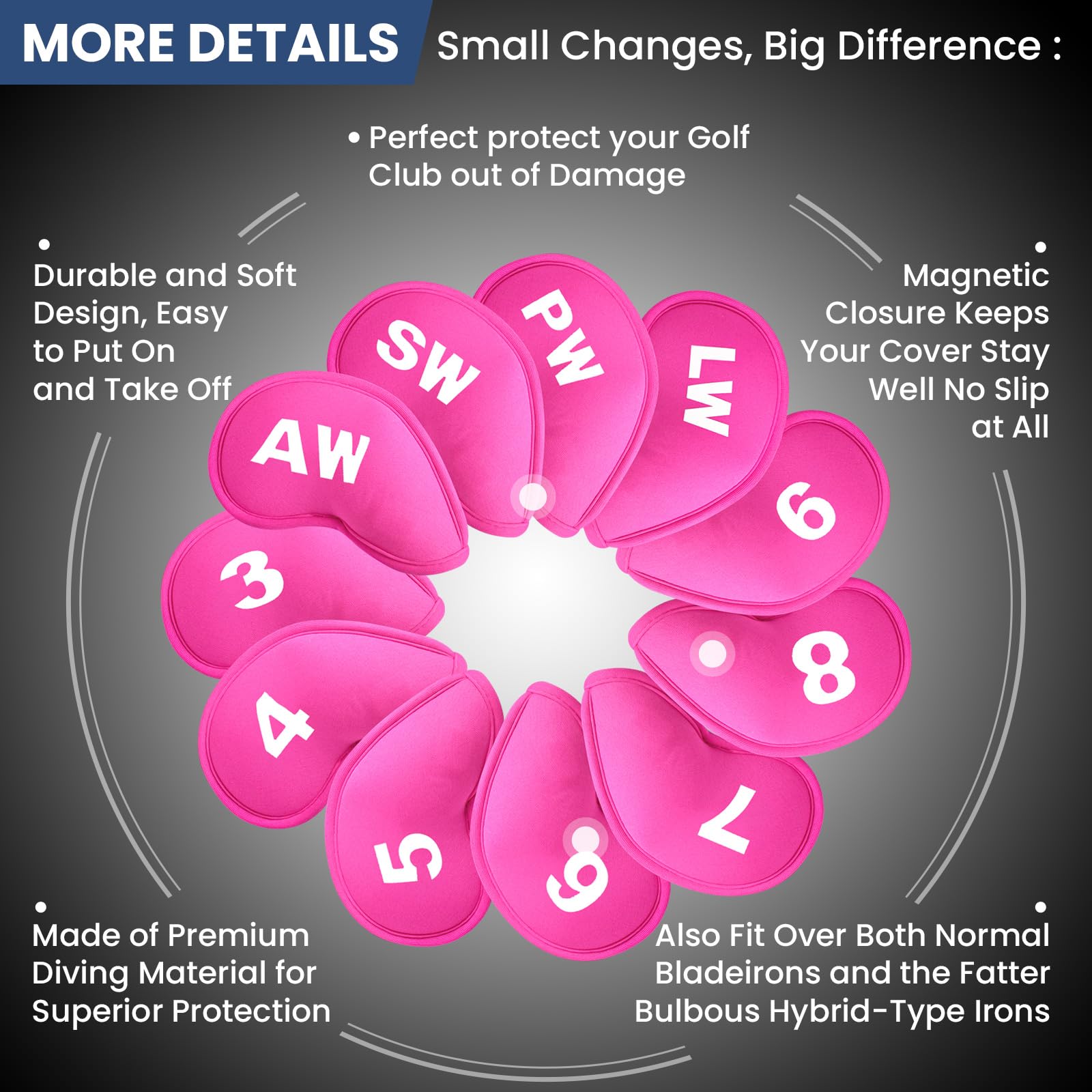 Golf Iron Head Covers Magnetic Soft Protection Printed Numbers Value Set, Durable Neoprene Headcover for Irons, Lightweight in Blue Black Pink for Men Women (Pink)