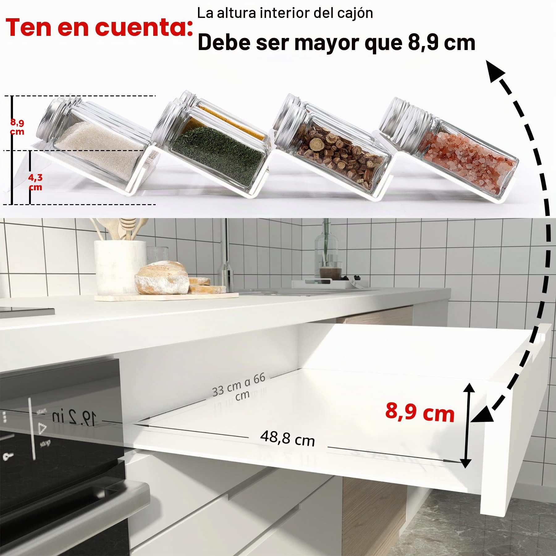Organizador de cajones de especias de acrílico transparente, 4 niveles, 2 juegos expandibles de 13 a 26 pulgadas, bandeja de especias de cocina para cajón/encimera (tarros no incluidos)