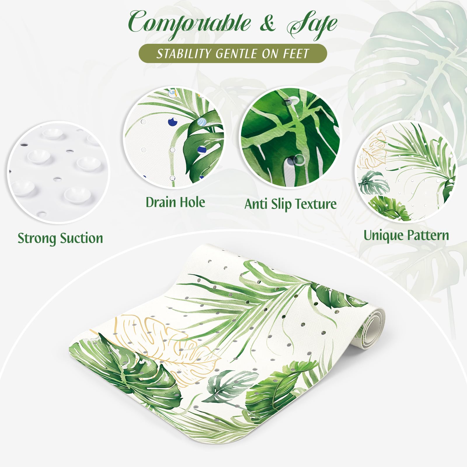 SHUCHING Tapis de Bain Antidérapant Feuille Verte, Tapis Baignoire Antidérapant, Réssistant à la Moisissure et Lavable en Machine 100 x 40 cm