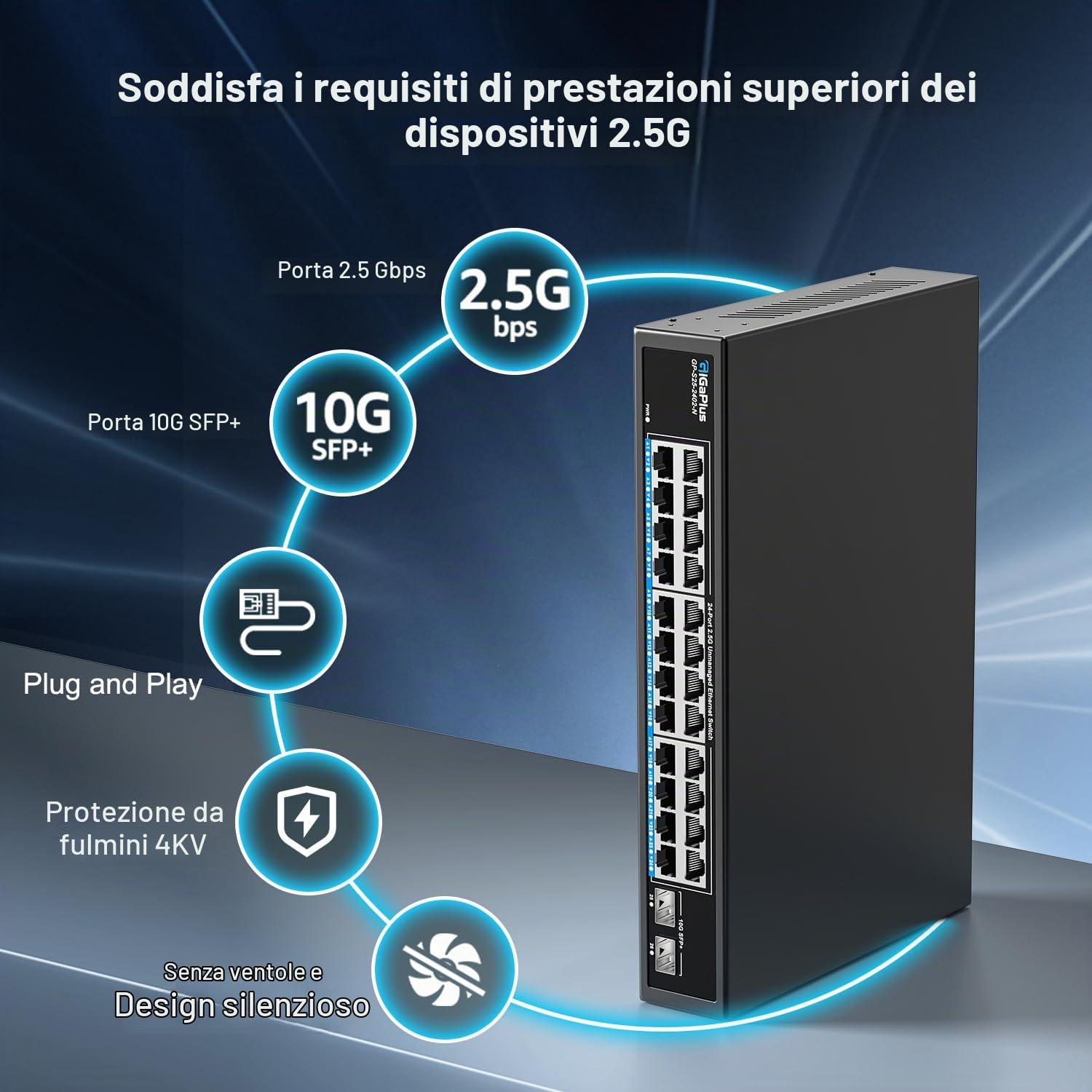 26 Port 2.5Gb Unmanaged Ethernet Switch with 24* 2.5G Base-T Ports, 2* 10G SFP+ Ports. GiGaPlus 2.5Gbps Network Switch for 2.5Gbps NAS/PC, WiFi6 Router, Wireless AP. Fanless Design, Plug and Play