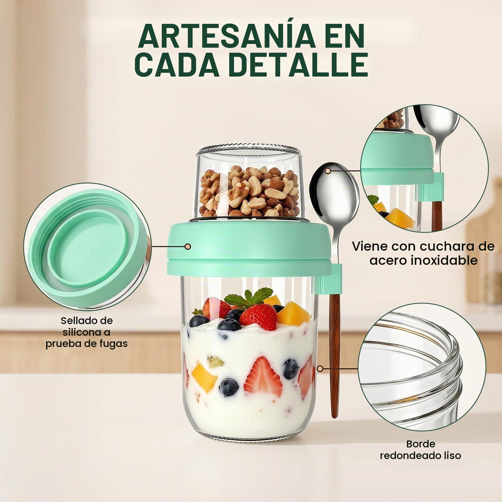 CEWROM Juego de 4 vasos de cereales para llevar, 480 ml de vidrio de avena con tapa, recipiente de cristal de doble pared con tapa, vaso de yogur para llevar y taza de cereales, adecuado para el