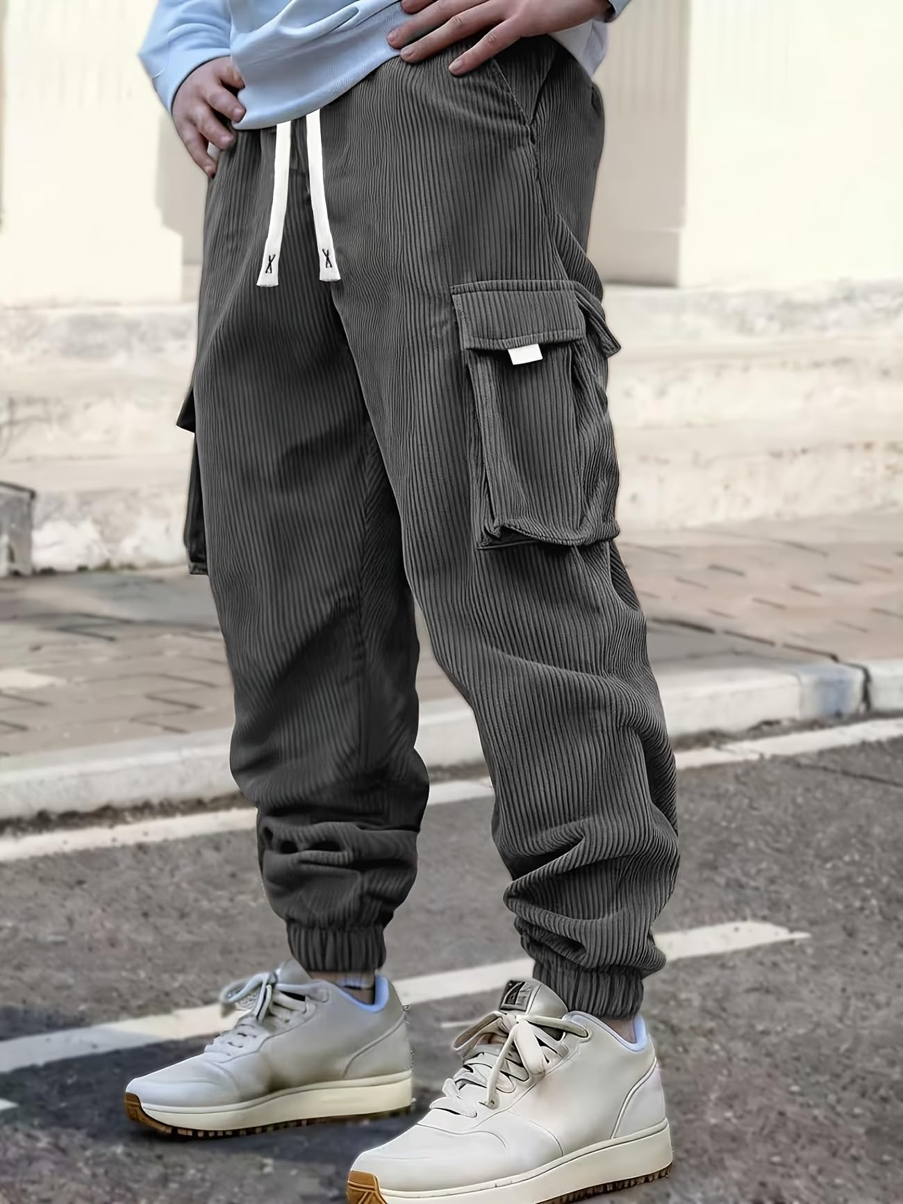 Mens Corduroy Cargo Pants Joggers Drawstring Elastic Waist Baggy Tapered Sweatpants