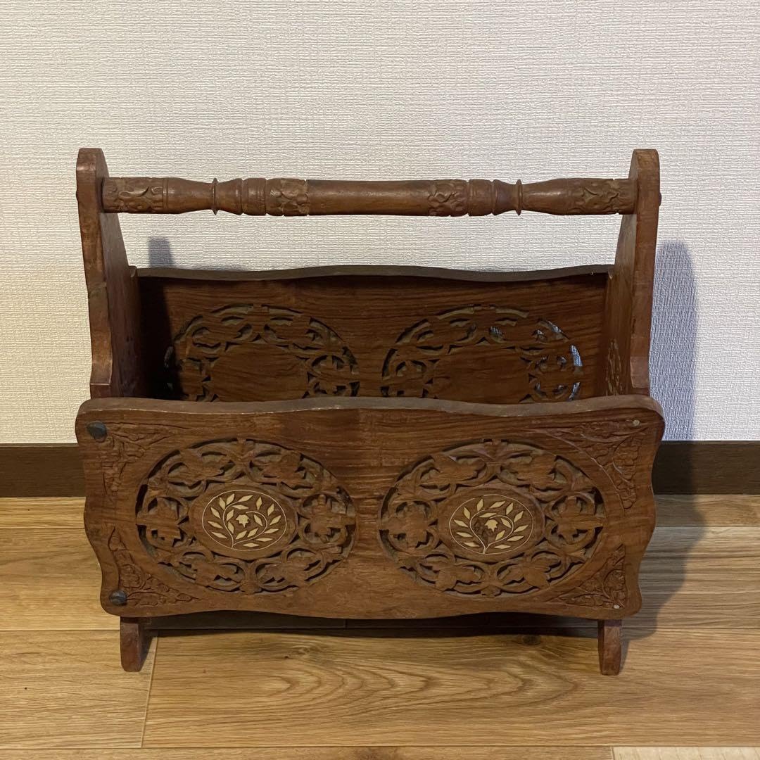 インド アンティーク 木彫り マガジンラック 天然木