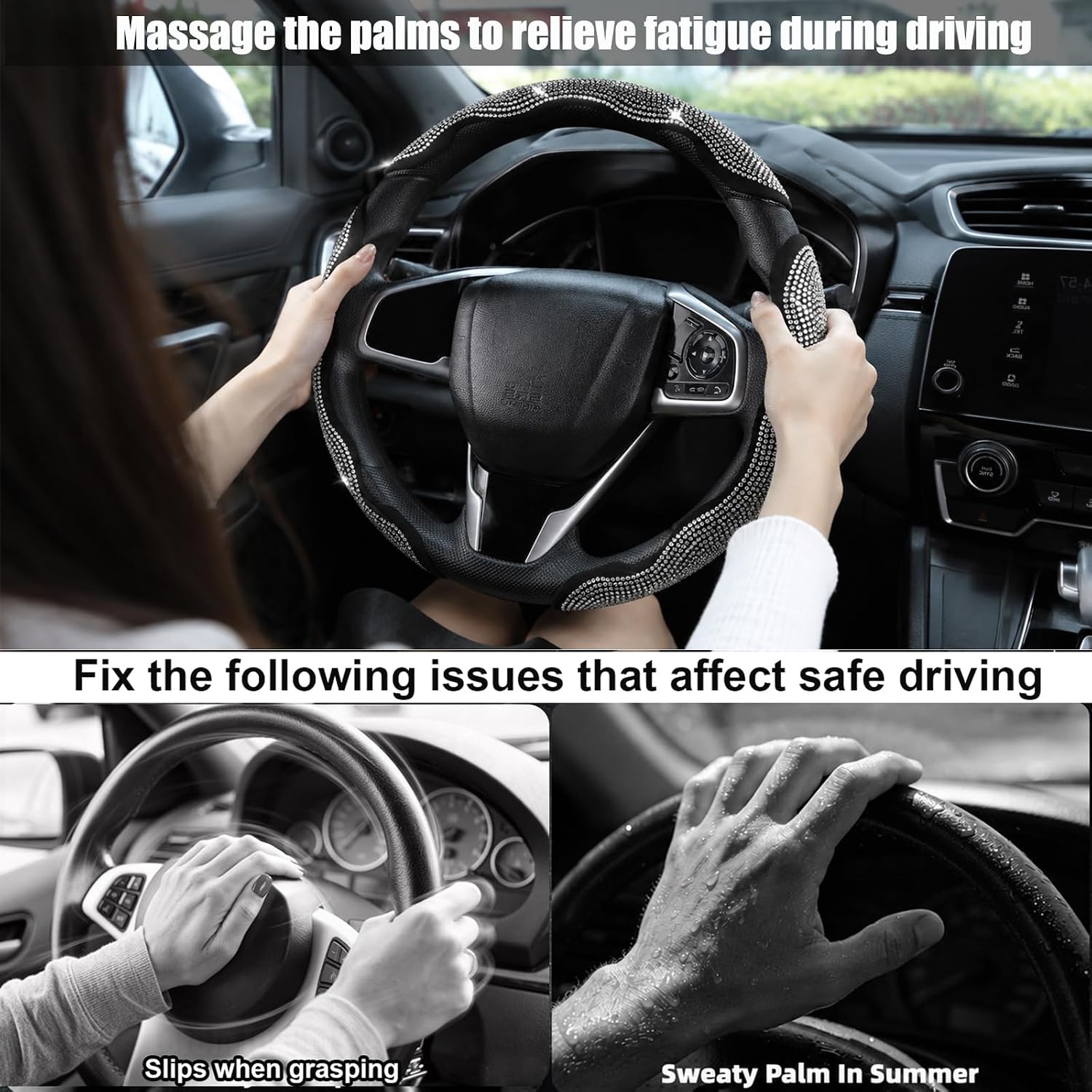 Bling Car Steering Wheel Cover with Crystal Rhinestones, 3PCS Diamond Steering Wheel Protector Covers, Sparkly Decoration for Most Steering Wheels, Bling Car Accessories (White Diamond)