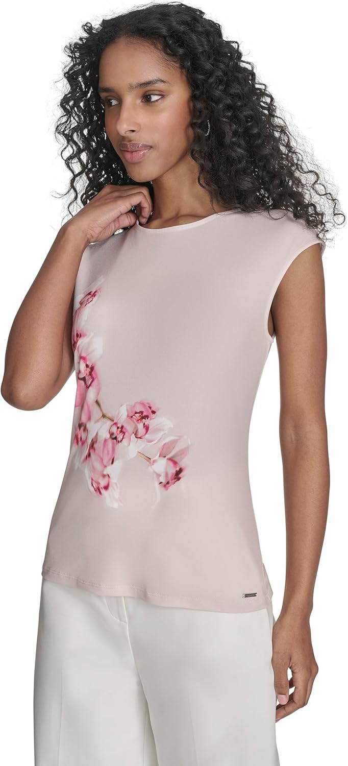 Calvin Klein Womens Cap Sleeve Crew Neck Printed Top - Image 4