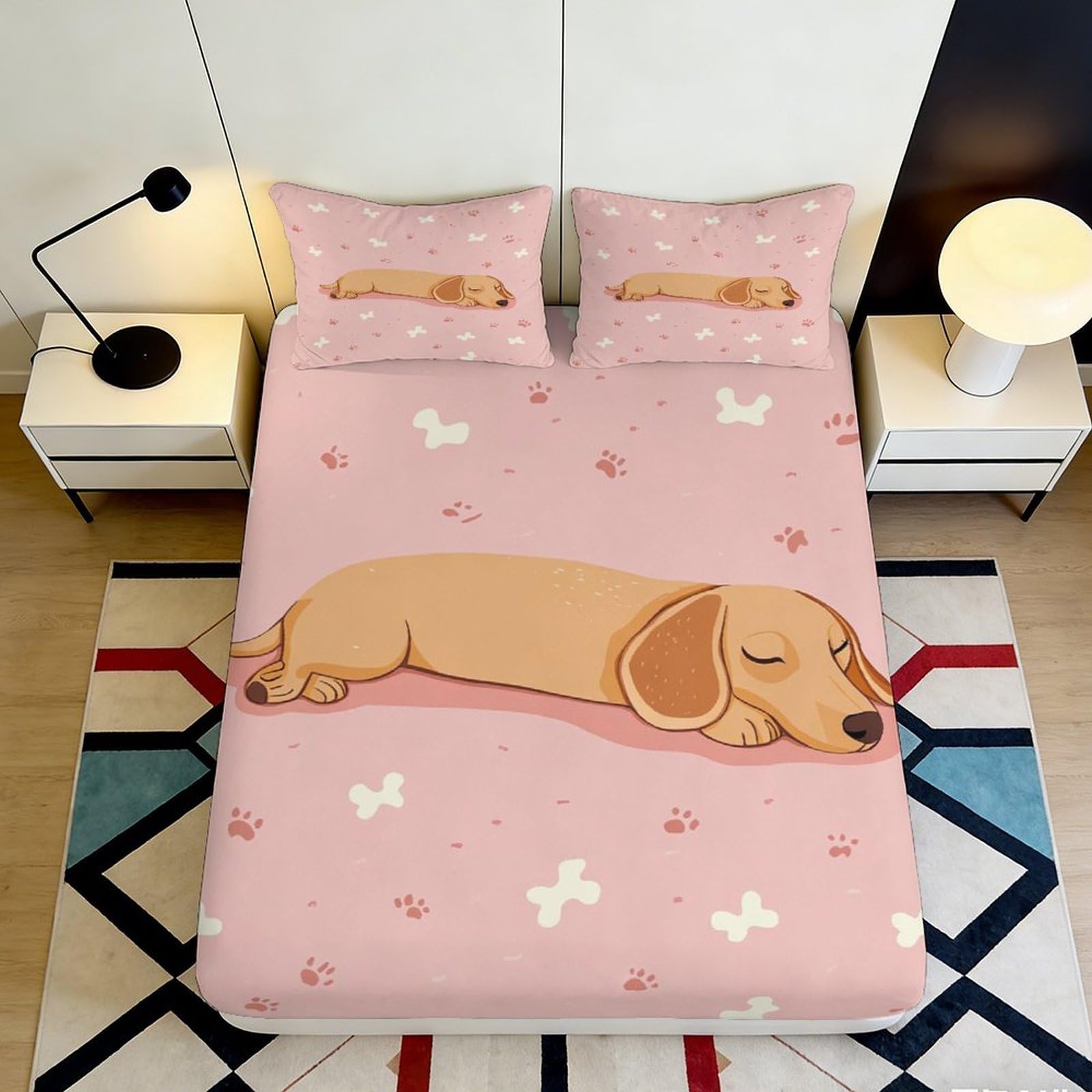 3D Printed Sleeping Dachshund Fitted Sheet Microfiber Pink Dog Paw Mattress Cover for Bedroom Guest Room Decor 120x200x25cm