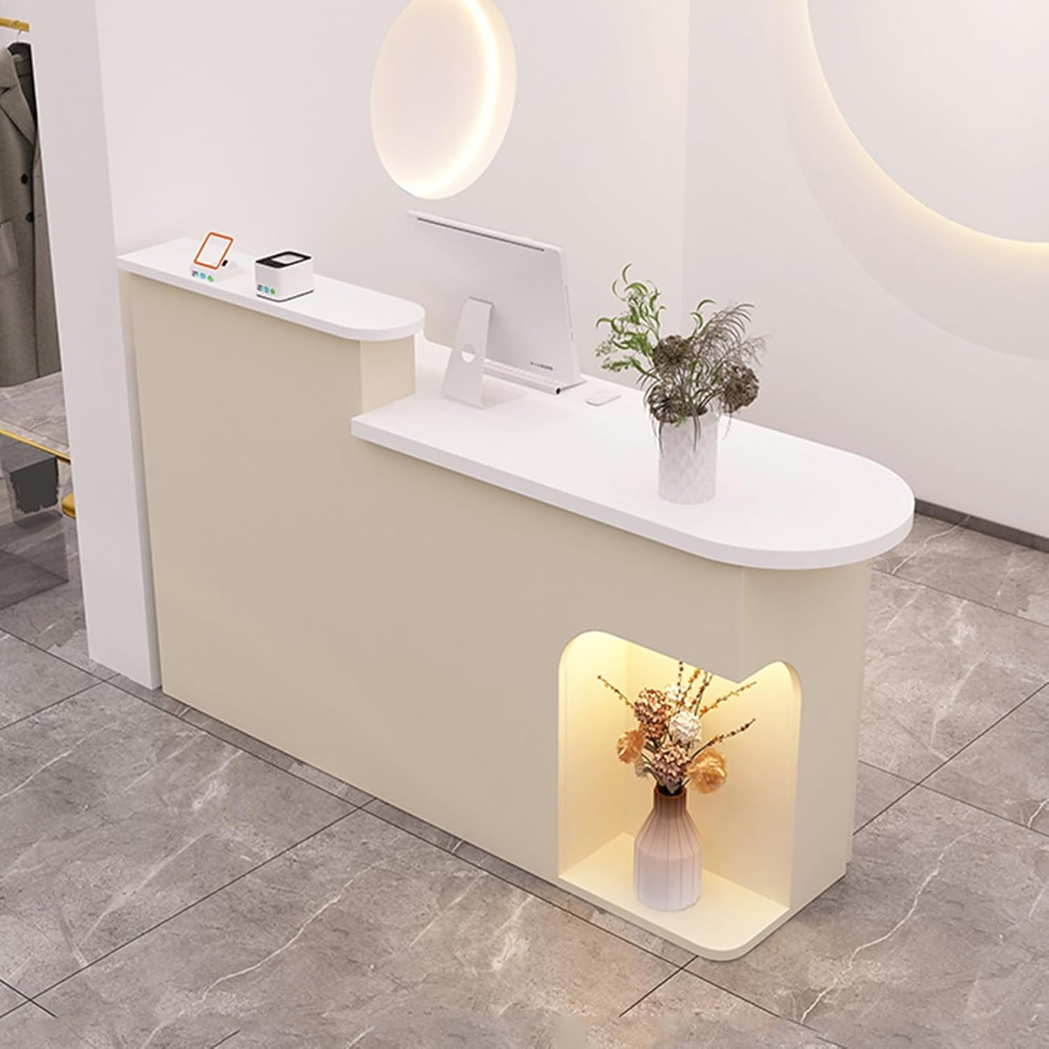 YVYKFZD Reception Desk with Counter, Open Reception Counter Desk, Wooden Front Desk Reception with Lockable Drawers, Office Retail Counter Table(Almond 2 R,31.4"x19.6"x41.3")