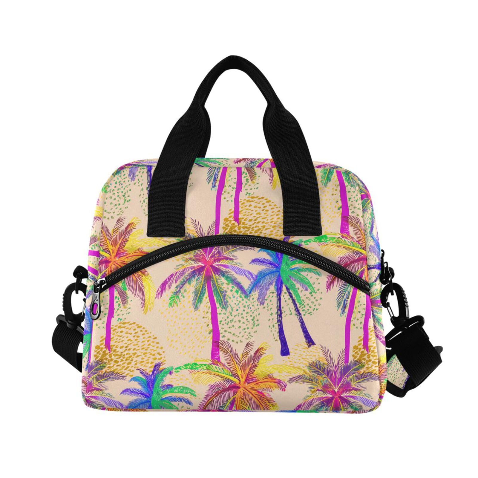Sinestour Insulated Lunch Bag Reusable Cooler Colorful Palm Trees Beige Lunch Box Adjustable Shoulder Strap for Office Men Women
