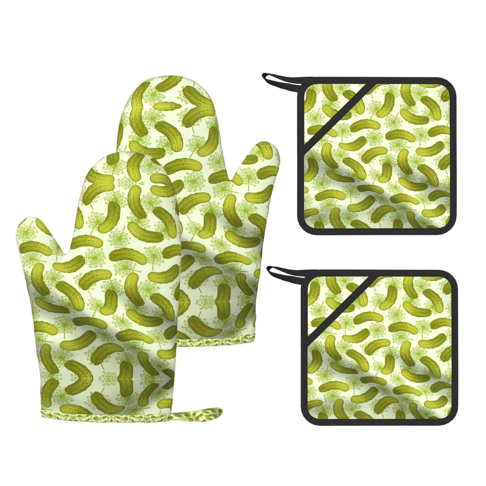 Sushi Dill Pickles Trendy Printed Kitchen Set with Heat Resistant Gloves & Non-Slip Hot Pads for Baking & Grilling