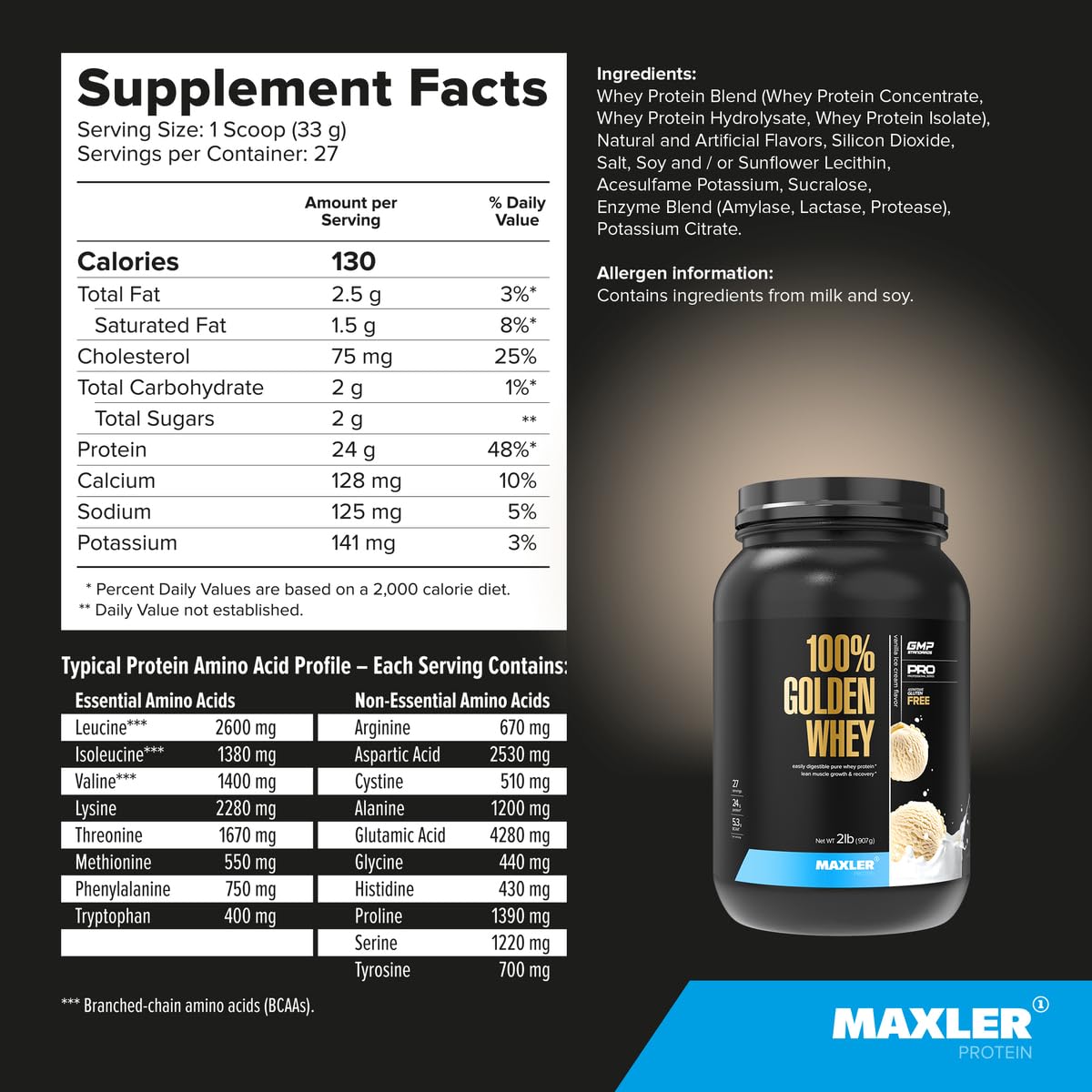 Maxler 100% Golden Whey Protein - 24g of Protein per Serving - Whey Protein Powder for Pre Post Workout - Fast-Absorbing Whey Concentrate, Isolate & Hydrolysate Blend - Vanilla Ice Cream 2 lb — Amazon image 5