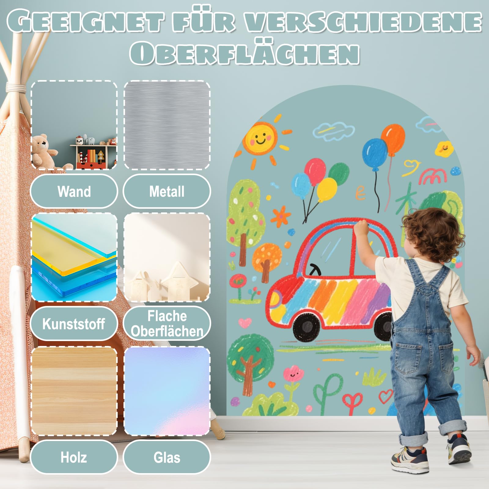 Pizarra magnética para niños, pared magnética para niños, autoadhesiva, 100 x 80 cm, en forma de arco, Montessori, lámina magnética autoadhesiva fuerte, azul porcelana