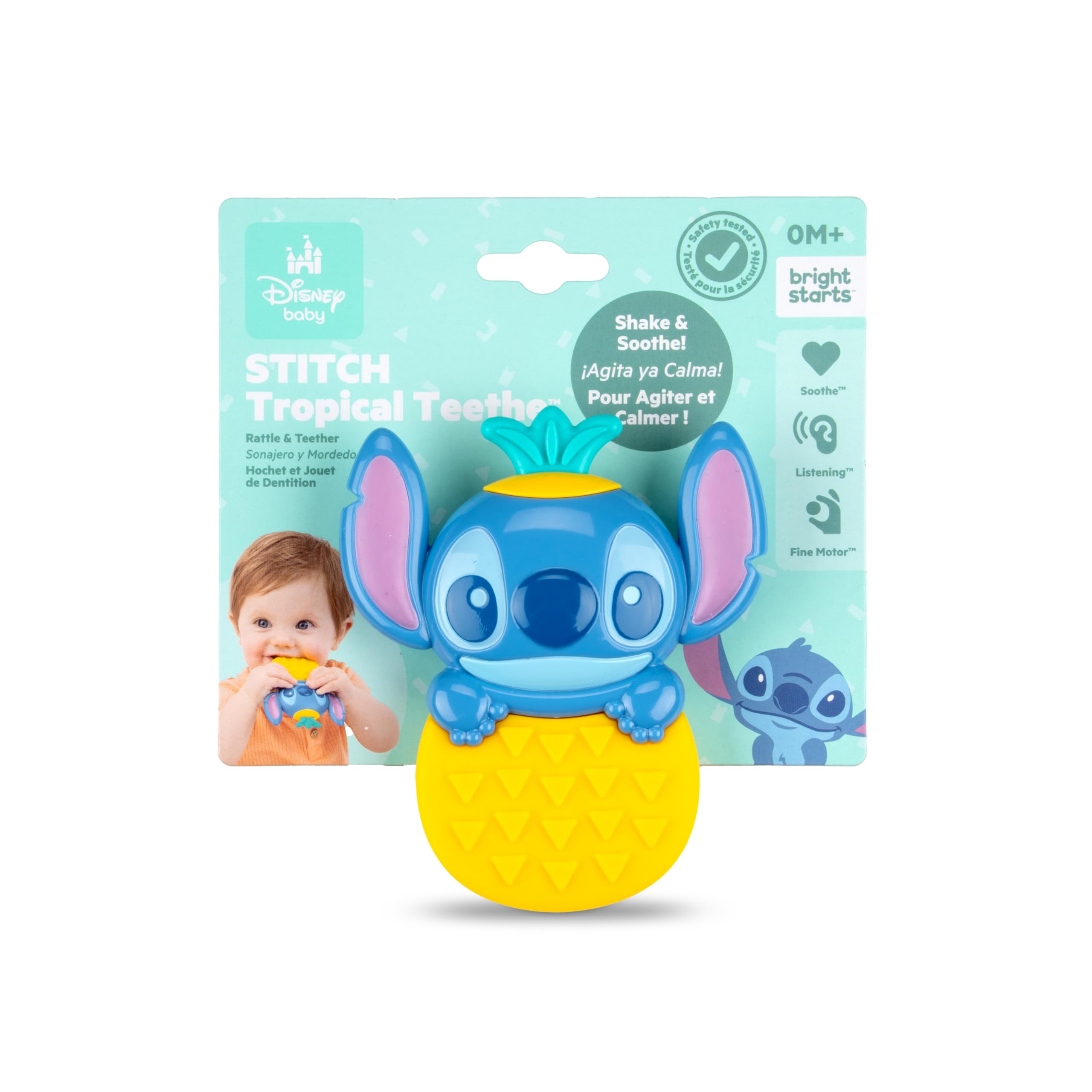 Bright Starts Disney Baby Stitch Tropical Teethe Rassel & Beißspielzeug, Ananasförmiges Beißspielzeug für Neugeborene und ältere Babys