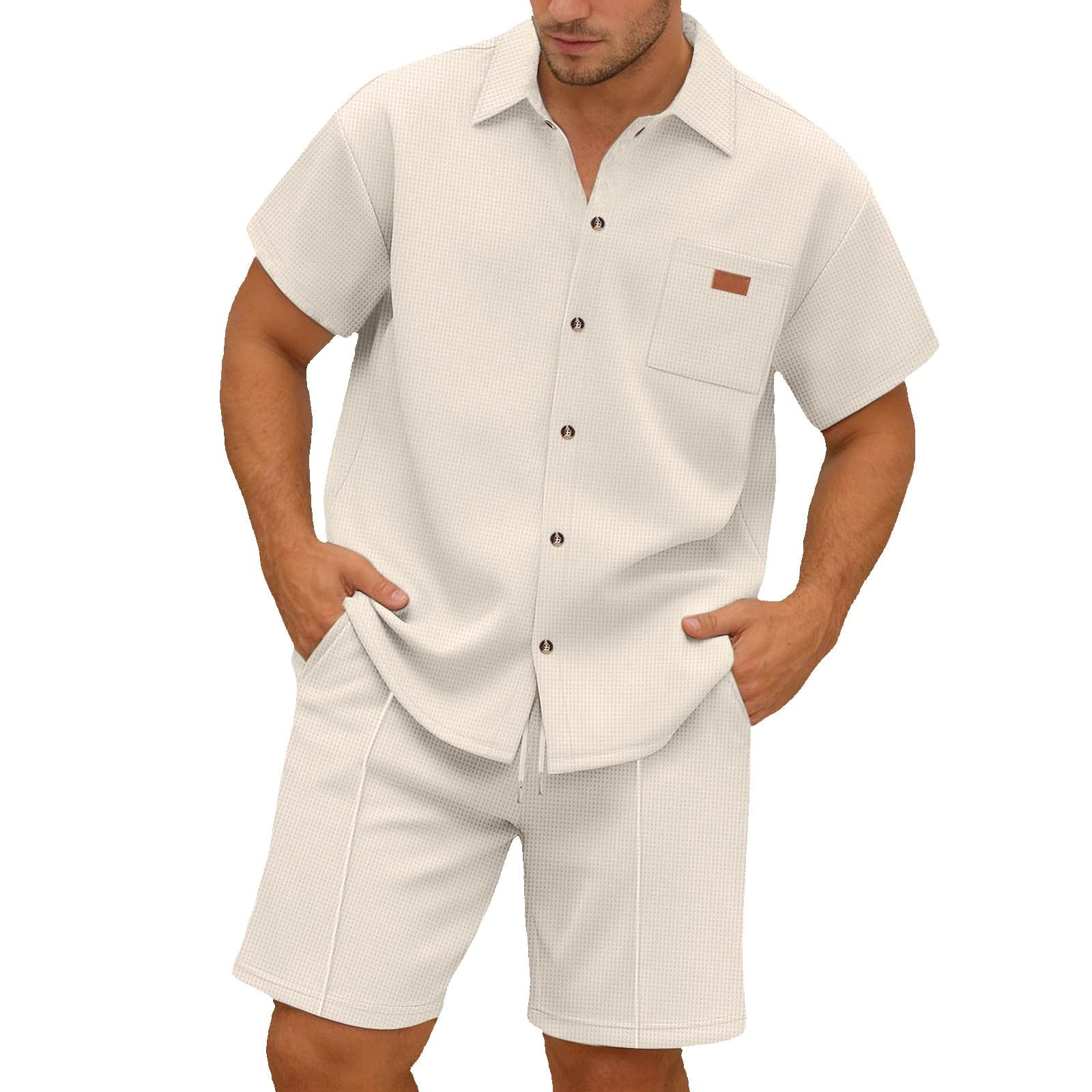 Herren 2-Teiliges Set Sommer Jogginganzug Outfit Kurzarm Hemd und Shorts | Waffeltextur, Reverskragen, durchgehende Knöpfe, Lederpatch Brusttasche, Kordelbund, atmungsaktiv, Sommer Strand Urlaub
