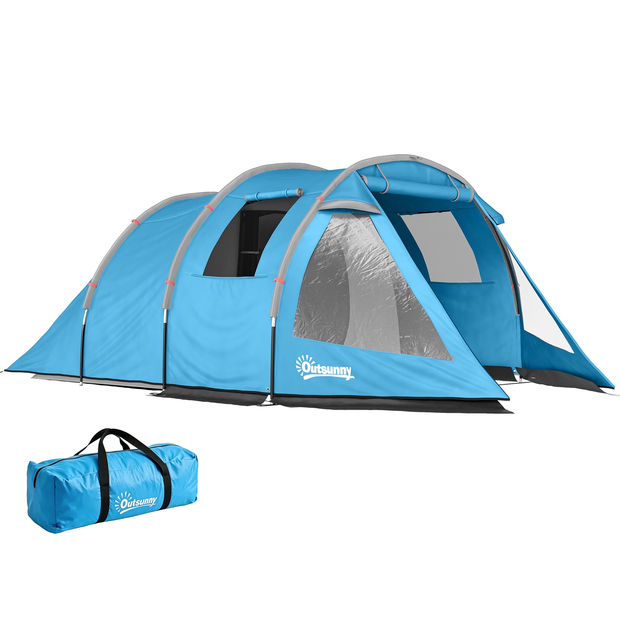 Outsunny Campingzelt für 4 Personen leicht, stabil Familienzelt mit Tür Fenster, Packtasche, Tunnelzelt mit 2000mm Wassersäule Zelt für Camping Reise Trekking Garten