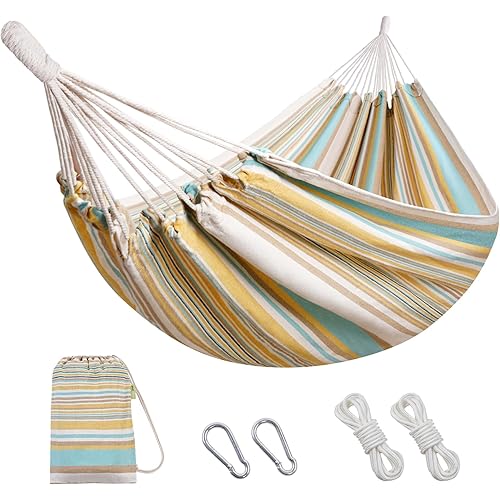 Brazilian Hammock with Tree Straps - Cotton Hammocks Portable Hammock with Carry Bag for Backyard, Porch, Outdoor and Indoor Use Yellow & Green