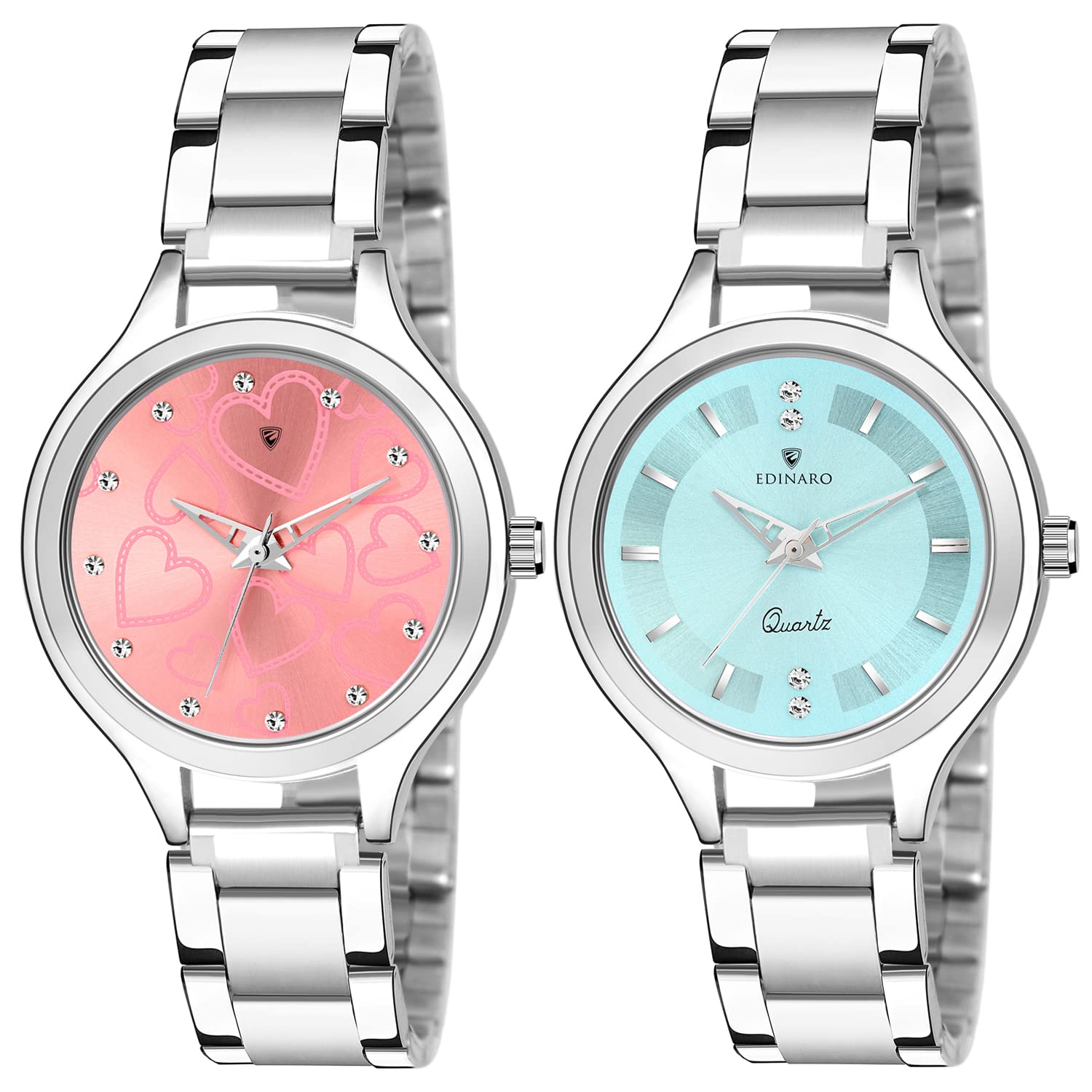 EDINARO Analogue Round Studed Dial with Silver Bracelet Strap Girls & Womens Wrist Watch (Pack of 2) (B09P1HFJ9L) Amazon Price History, Amazon Price Tracker