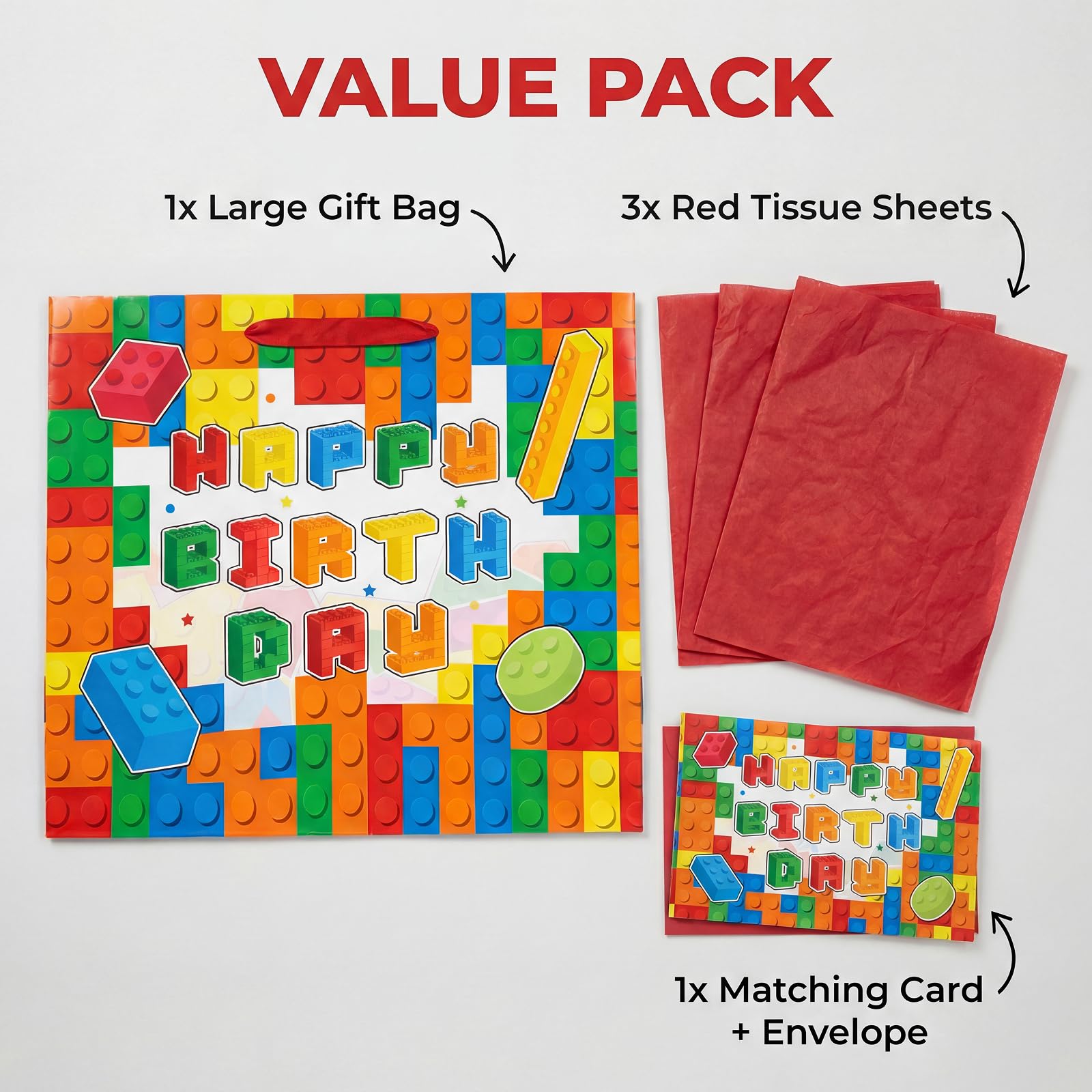 Elunpoe Building Brick Birthday Gift Bag Set with Matching Card & Red Tissue Paper, Colorful Block-Themed Happy Birthday Present Bag for Kids Boys Girls, School Favors, Party Gift Wrap Supplies, 13" x 4.9" x 10.2"