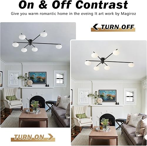 Miniatura 4 de Lámpara de araña Sputnik de 6 luces de mediados de siglo semiempotrada con pantalla de vidrio de leche para vestíbulo MCL01-6 BK