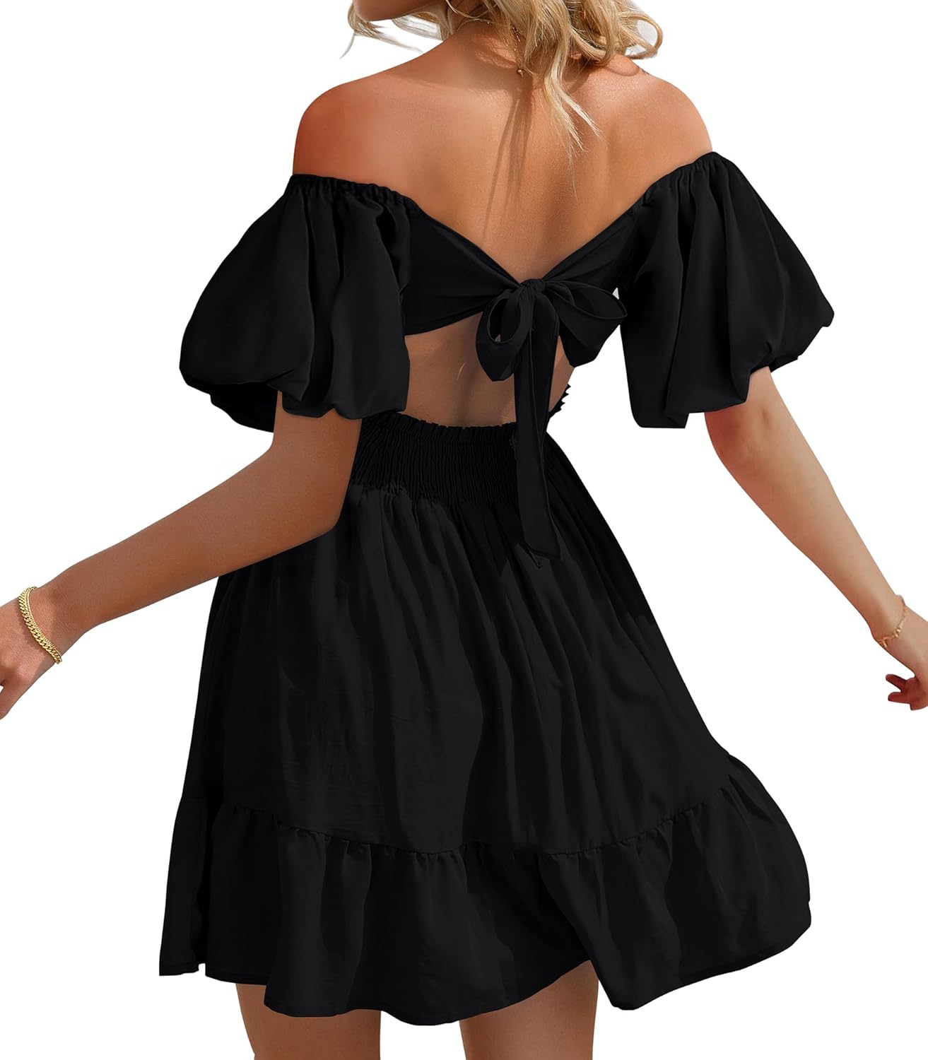 Phortric Womens Summer Tie Back Dress Square Neck Lantern Sleeve Off Shoulder Casual Mini Dresses