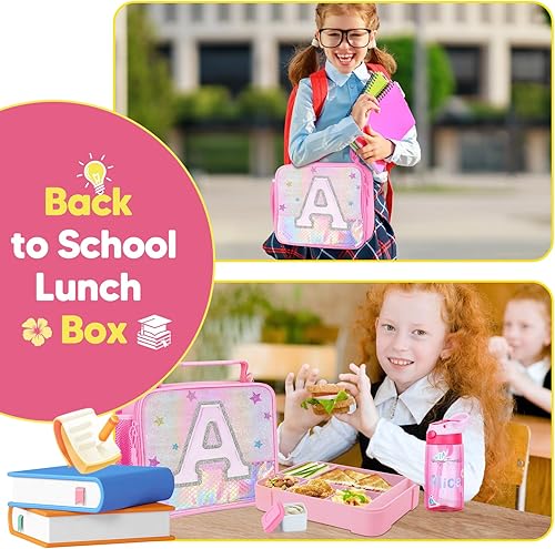 Miniatura 6 de JYPS Lonchera para niñas, lonchera aislada, caja Bento para niños con 6 compartimentos, botella de agua, bolsa de hielo, contenedor de ensalada,