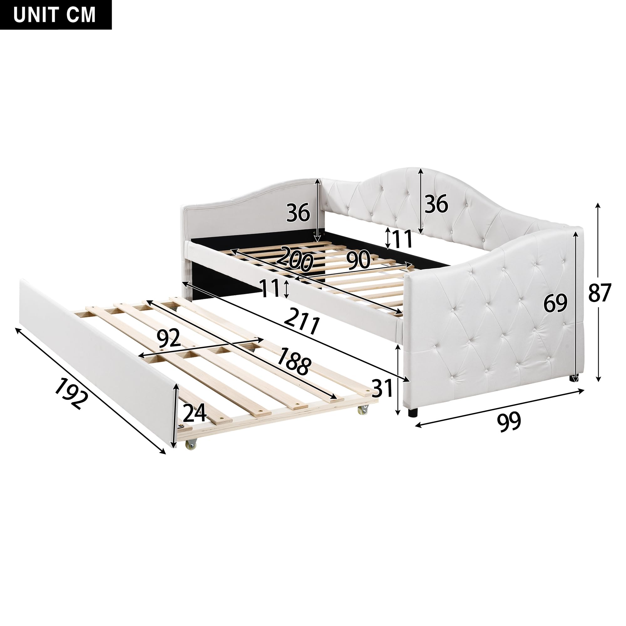 Letto giornaliero, 90 x 200 cm, con letto estraibile, divano letto, letto singolo (senza materasso), lino, stile minimalista (beige)