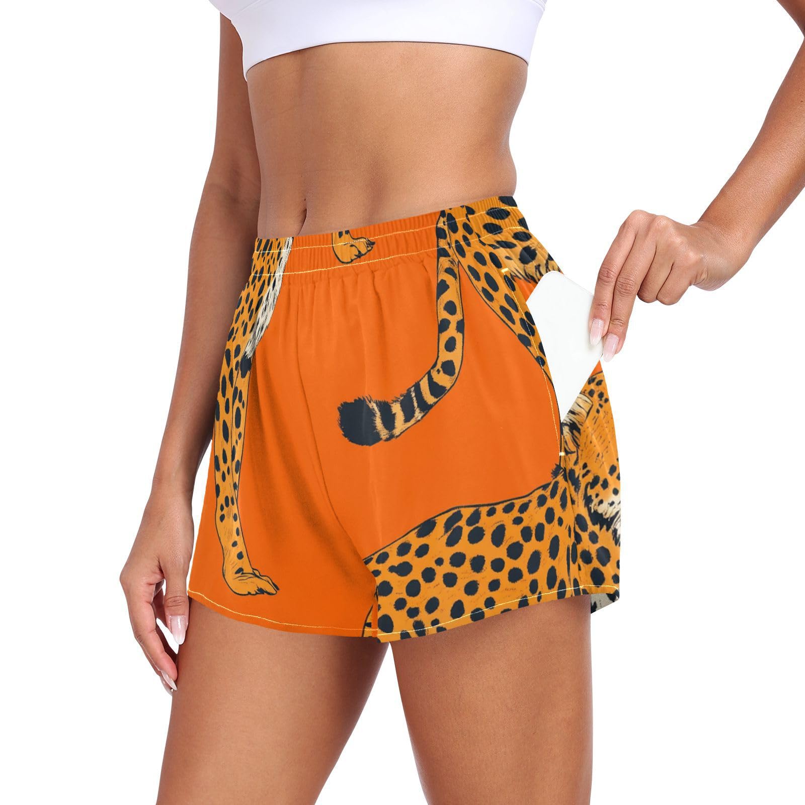 EtherSpher Cleetah Orange Animals Women's Athletic Shorts with Pockets Teens Gym Shorts for Travel Volleyball Running Cycling licras cortas para Mujer L