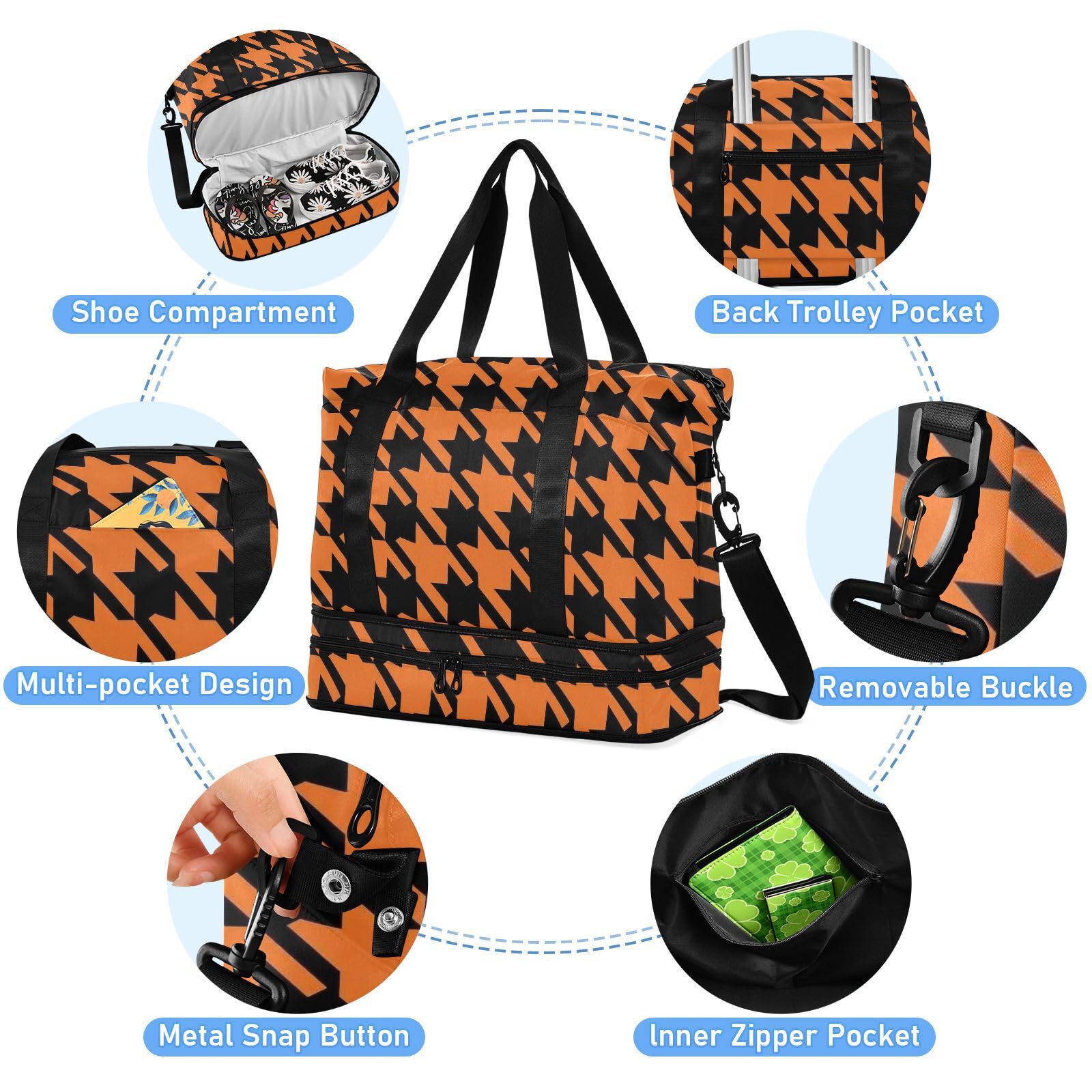 Lot de 2 sacs de voyage motif pied-de-poule orange avec poche humide et sangle réglable pour le yoga pour homme et femme