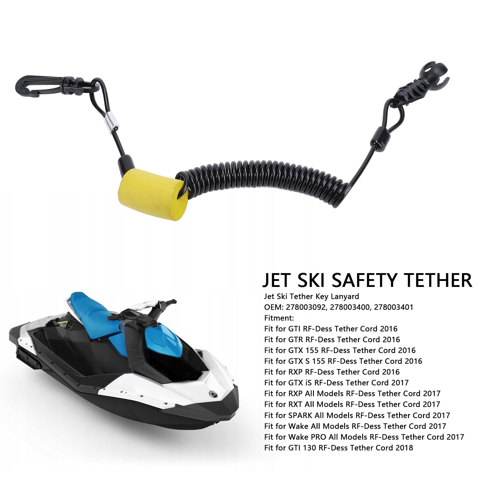 Cordon De Sécurité Jet Ski Avec Clip - Remplacement Référence 278003092 - Compatible Sea-Doo GTI GTR GTX - Antivol Et Sécurité