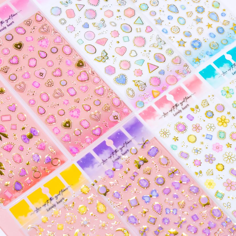 Image of Aesthetic Gem & Heart Stickers Set - Luxury Crystal Style Decorative Stickers for Journaling, Scrapbooking, Planner Decoration, Nail Art & DIY Crafts (Pastel & Gold Foil Designs)