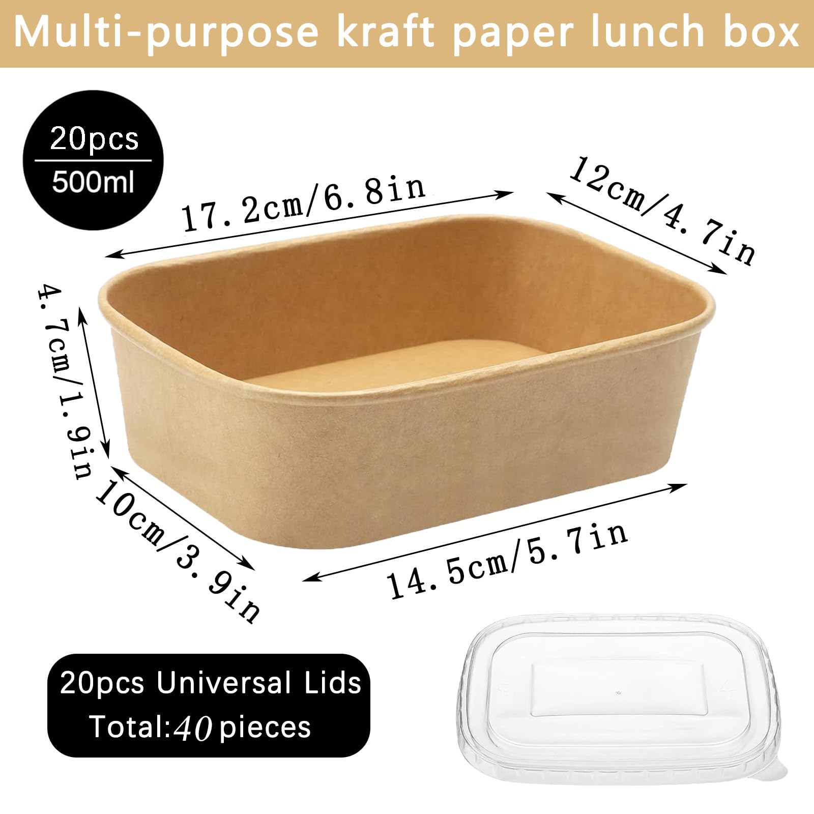 20 Pièces Boîtes à Salade En Papier Kraft 500ml, Boîtes à Emporter Réutilisables Barquette Carton, Imperméables Et Oléofuges Avec Couvercle, pour Plats à Emporter, Salade Fitness Et Voyage