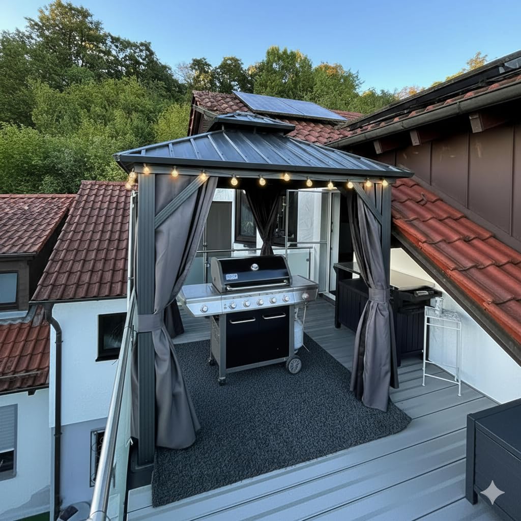 PURPLE LEAF 8'x10' Hardtop Gazebo with Lights Permanent Galvanized Steel Double Roof Outdoor Patio Pavilion Including Netting and Curtains for Garden Backyard Grey