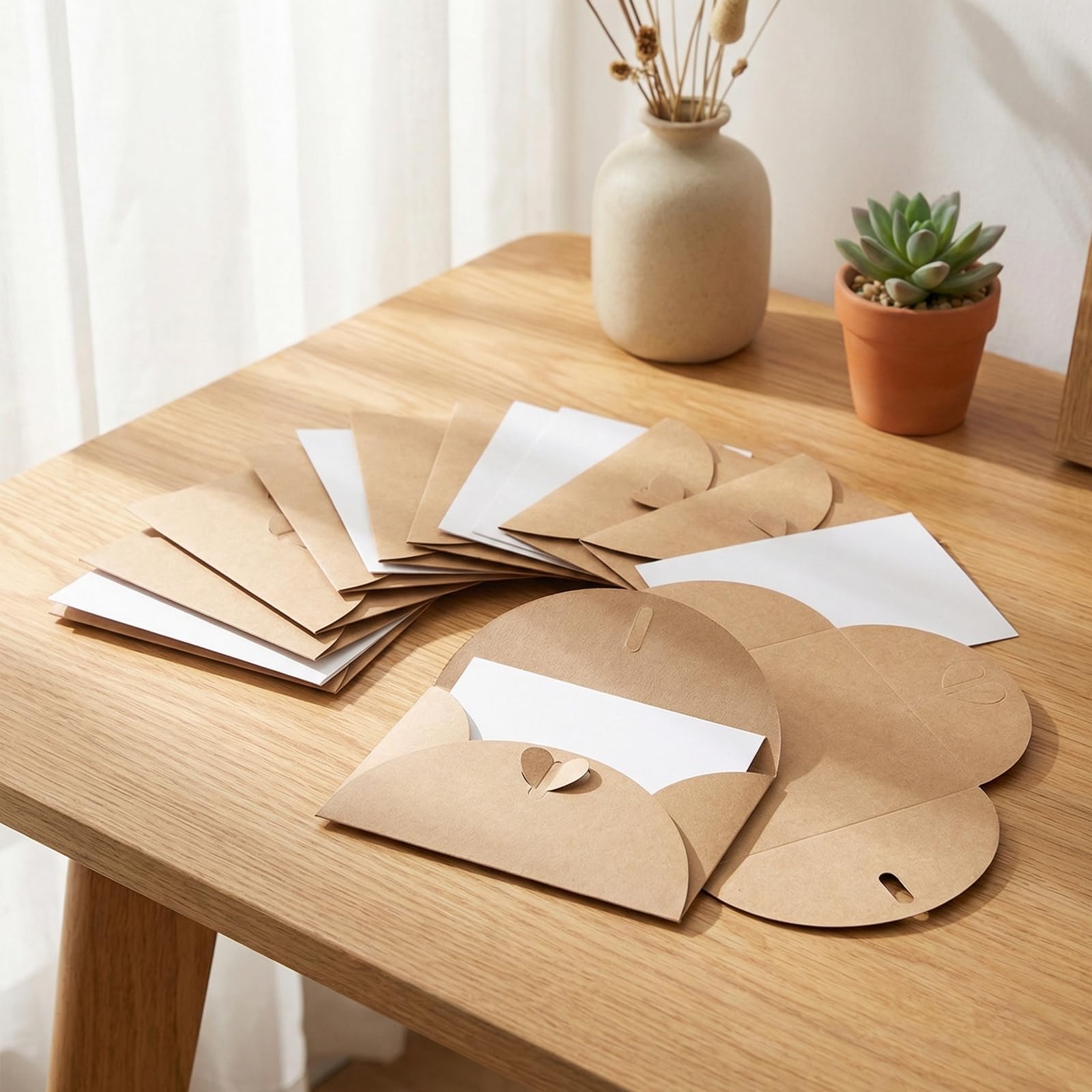 Buste Kraft Mini Con Chiusura Cuore e Cartoncini Bianchi Vintage Per Biglietti Regalo Feste Natale Compleanno