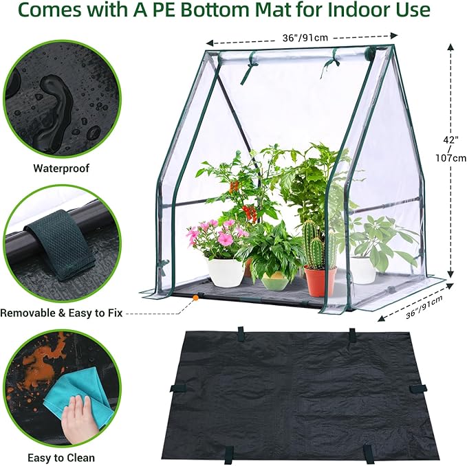 The Ohuhu Tabletop Mini Greenhouse is a portable and compact solution for both indoor and outdoor plant cultivation. With dimensions of 36"x36"x42", this lightweight greenhouse is perfect for small plants, seedlings, and nursery germination. The mini greenhouse comes with a waterproof pad to protect surfaces from moisture and leaks, making it ideal for indoor use.
