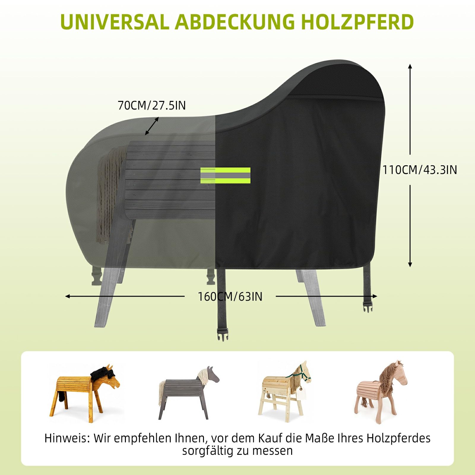 Abdeckung für Holzpferd,Outdoor Wasserdicht Oxford Holzpferd für Draußen Abdeckplanen UV-beständig Universal Garten-pferd Abdeckplane mit Wasserdichten Streifen,4 Reflexstreifen,2 Winddichte Schnallen