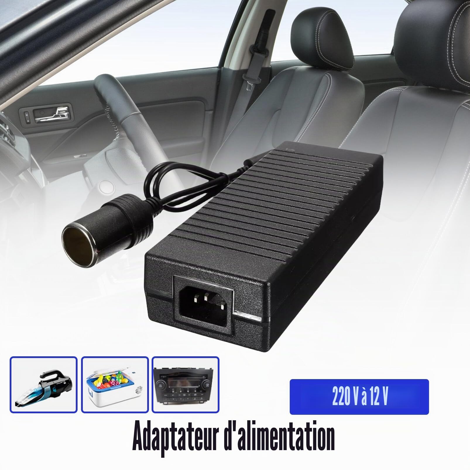 Adaptateur secteur pour voiture, convertisseur de tension 230 V vers 12 V, 180 W/15 A, adaptateur onduleur avec prise allume-cigare, adaptateur secteur AC vers CC pour glacière, aspirateur de voiture