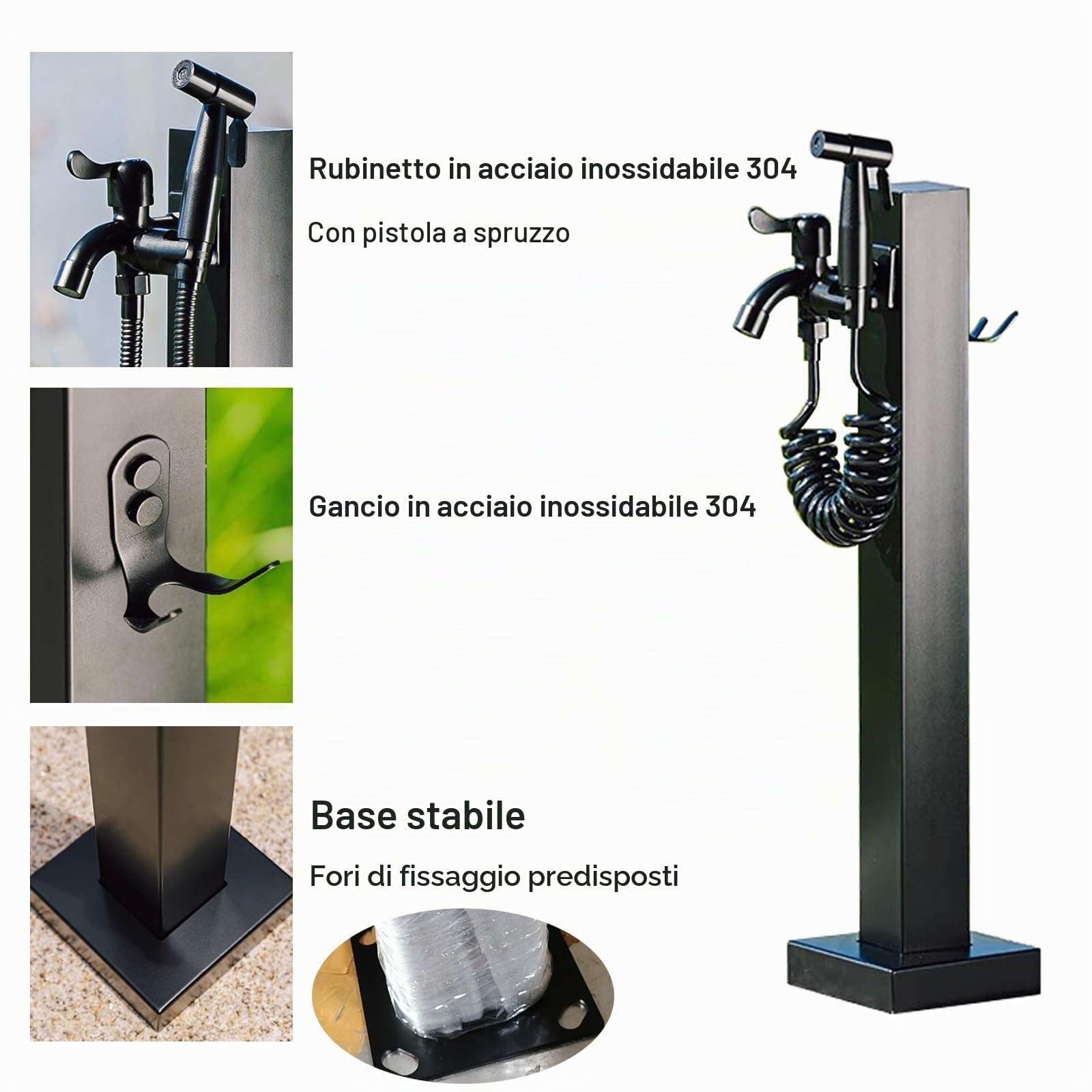 Colonna Acqua Giardino da Esterno, Rubinetto Giardino Fontana da Giardino in Acciaio Inossidabile 304, Rubinetto a Doppia Uscita con Pistola a Spruzzo, per Irrigazione da Giardino, Fattoria, Cortile(B