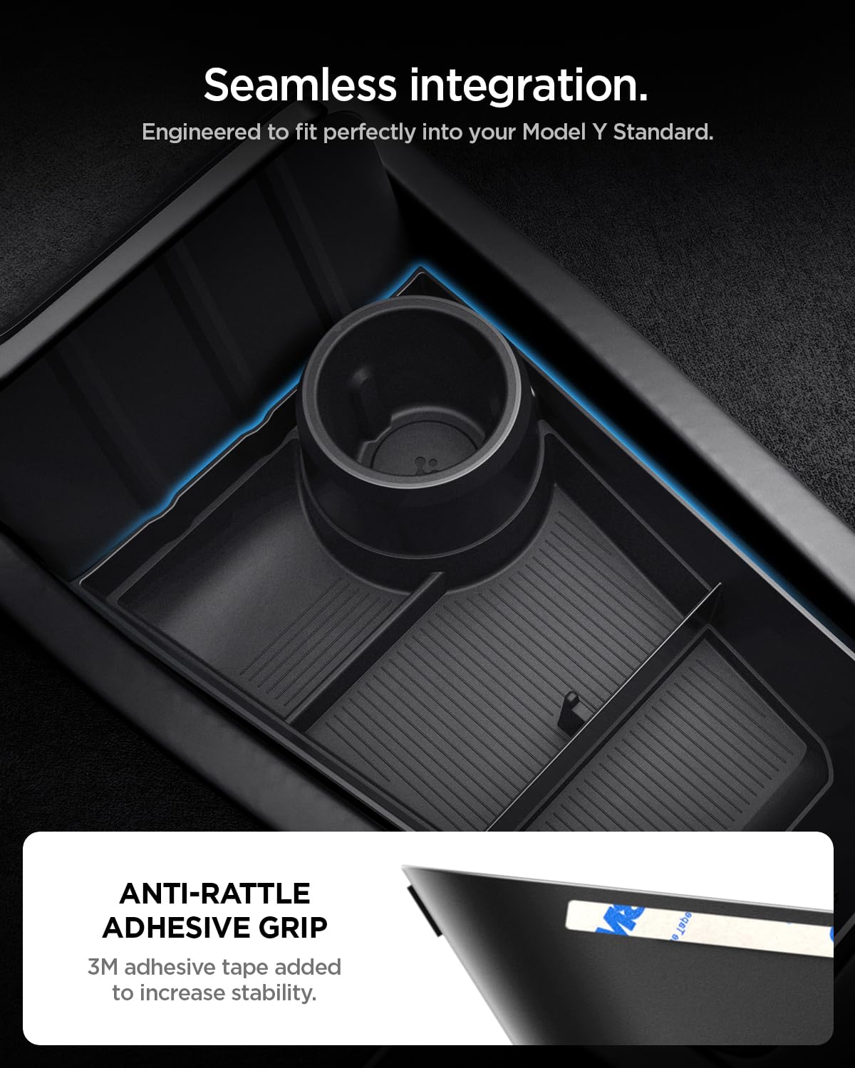 Spigen Tesla Model Y Juniper 2025 2026 (NUR Standard) Organizer für die untere Mittelkonsole mit Getränkehalter, Multifunktionale Aufbewahrungsbox, Premium-Innenraum-Zubehör für Tesla Model Y Juniper